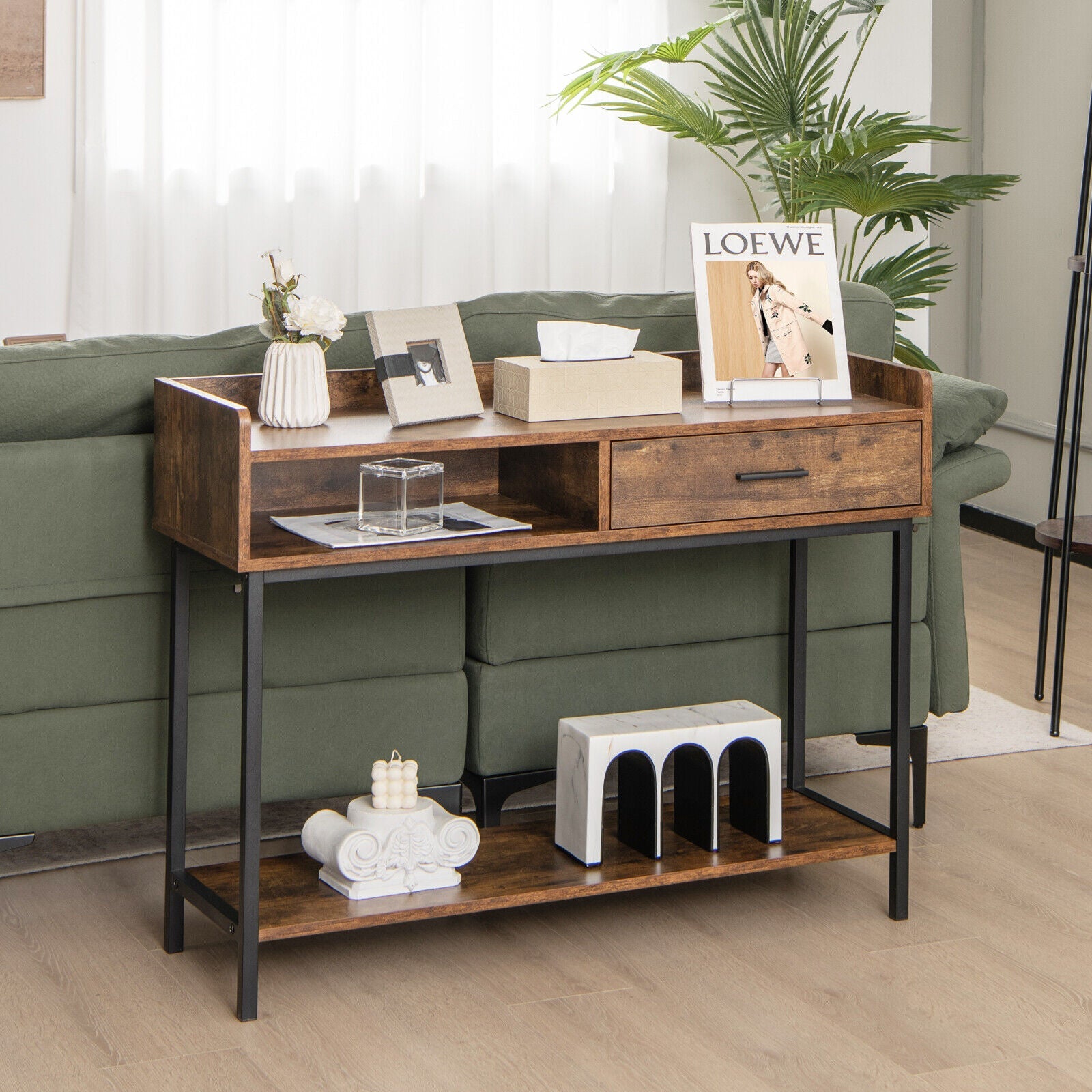 Long Console Table with Drawer and Metal Frame-Rustic Brown