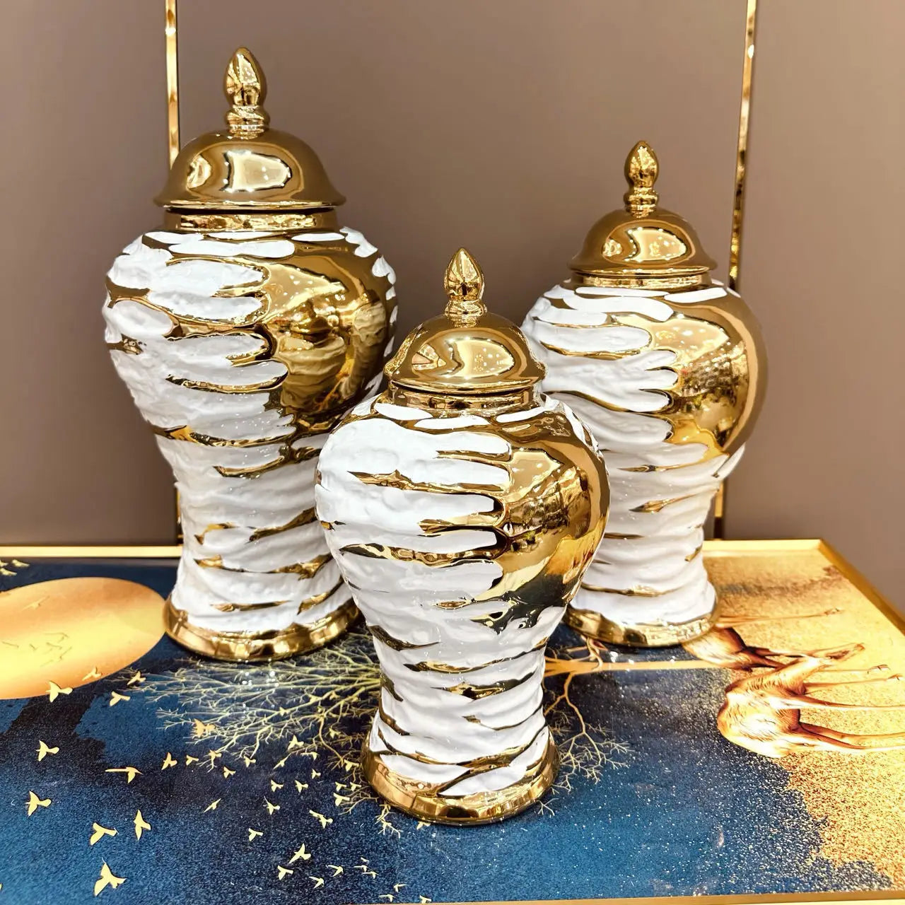 DecorBites™ Gold & White Grain Ceramic Jar: Home Decor & Storage Accessory