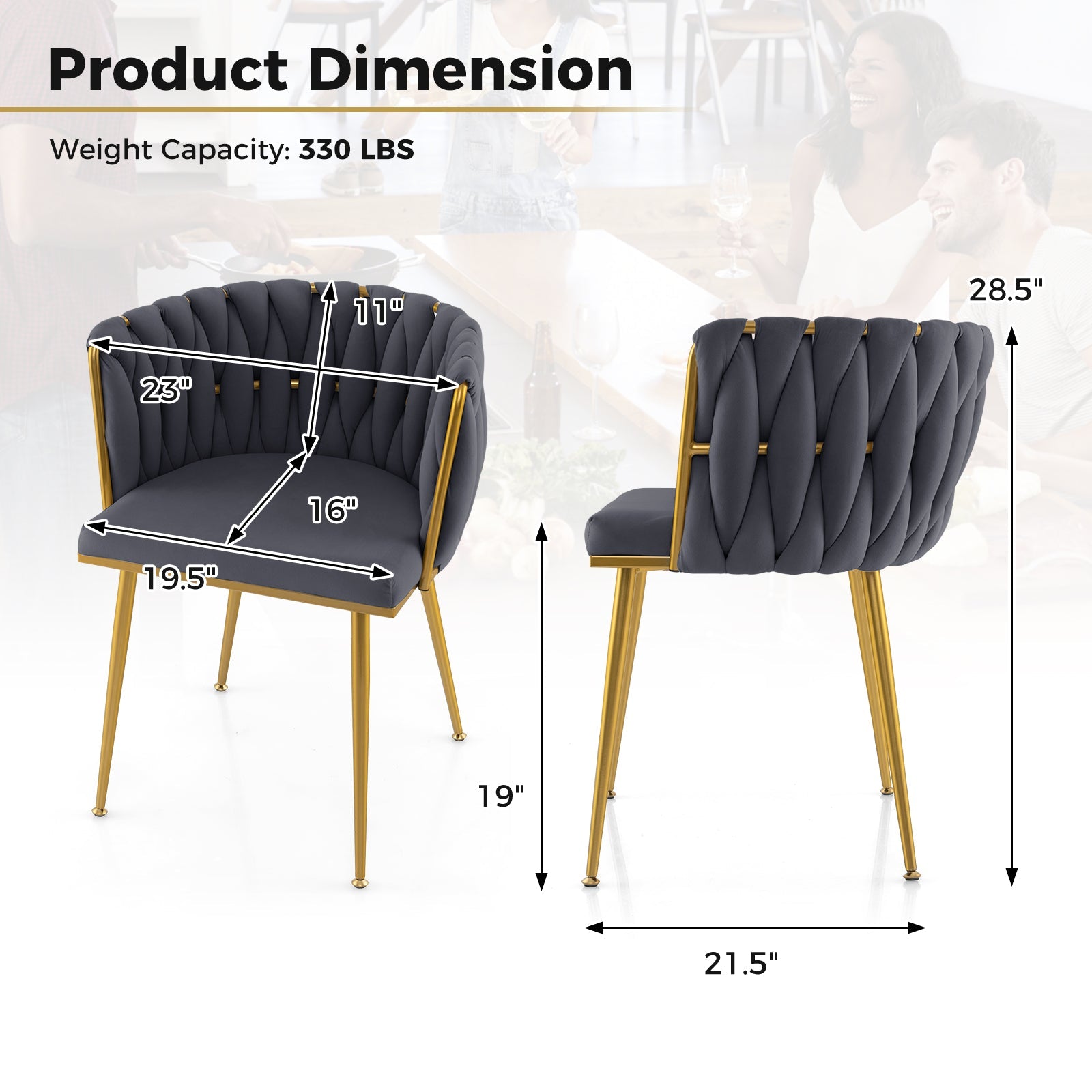Set of 2 Upholstered Dining Chair w/ Curved Backrest and Metal Tubes