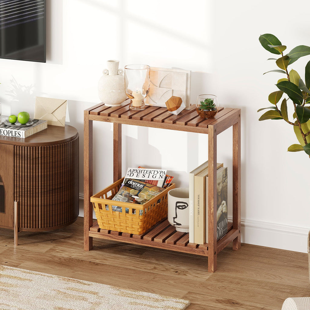 2/3-Tier Side Table Teak Wood Stand Utility Storage Shelf-3