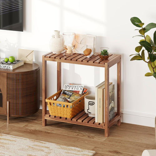 2/3-Tier Side Table Teak Wood Stand Utility Storage Shelf-3