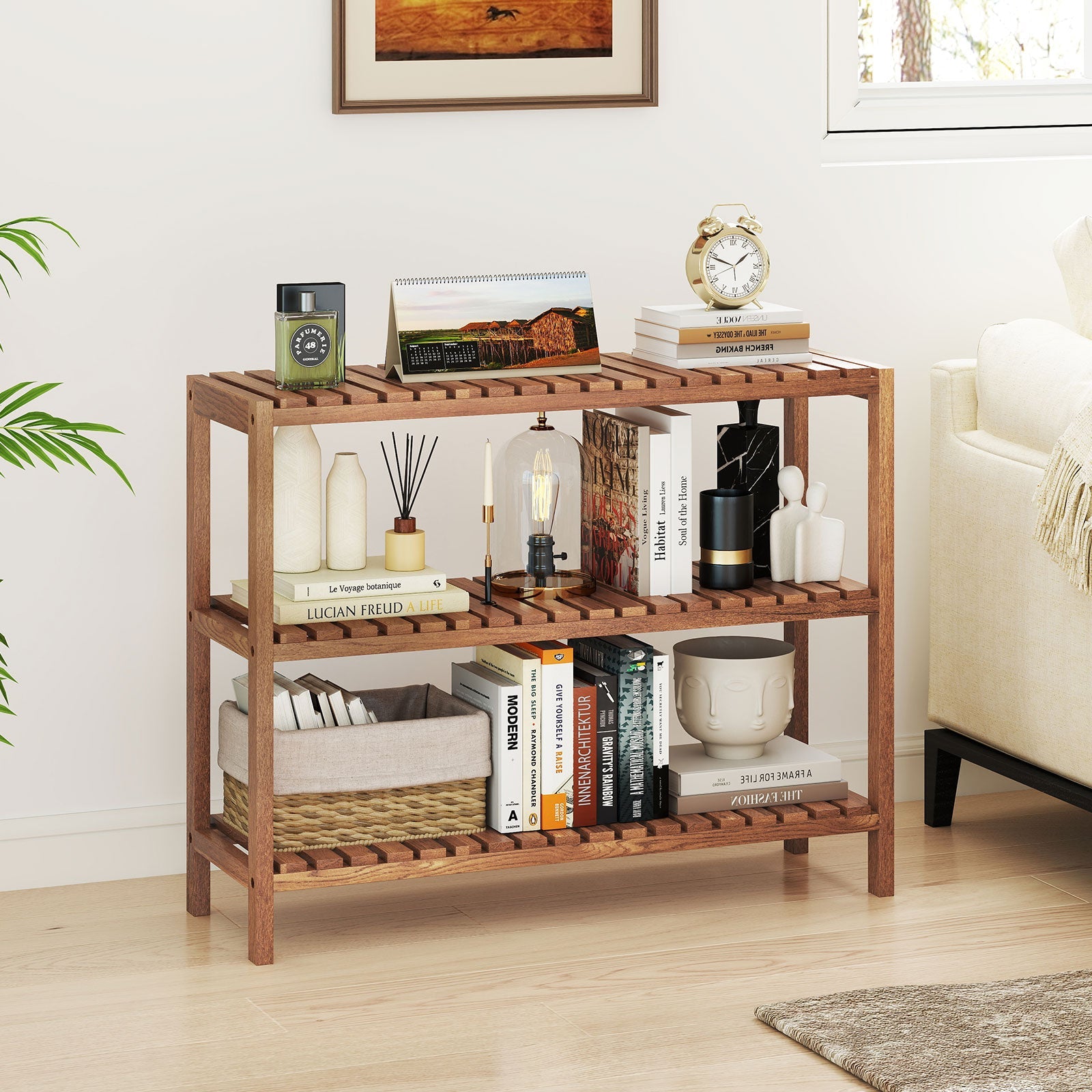 2/3-Tier Side Table Teak Wood Stand Utility Storage Shelf-3
