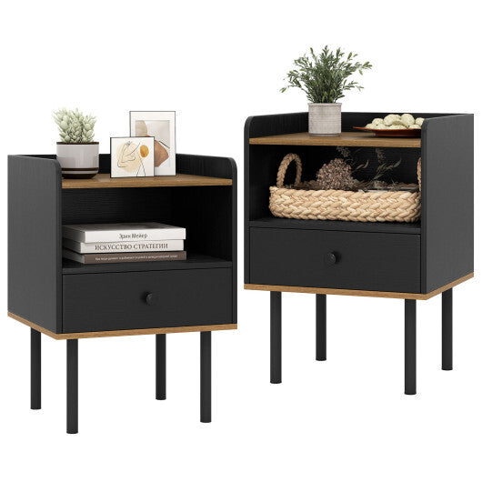 Costway Nightstand Bedside End Table with Drawer and Shelf for Living Room Bedroom-Set of 2