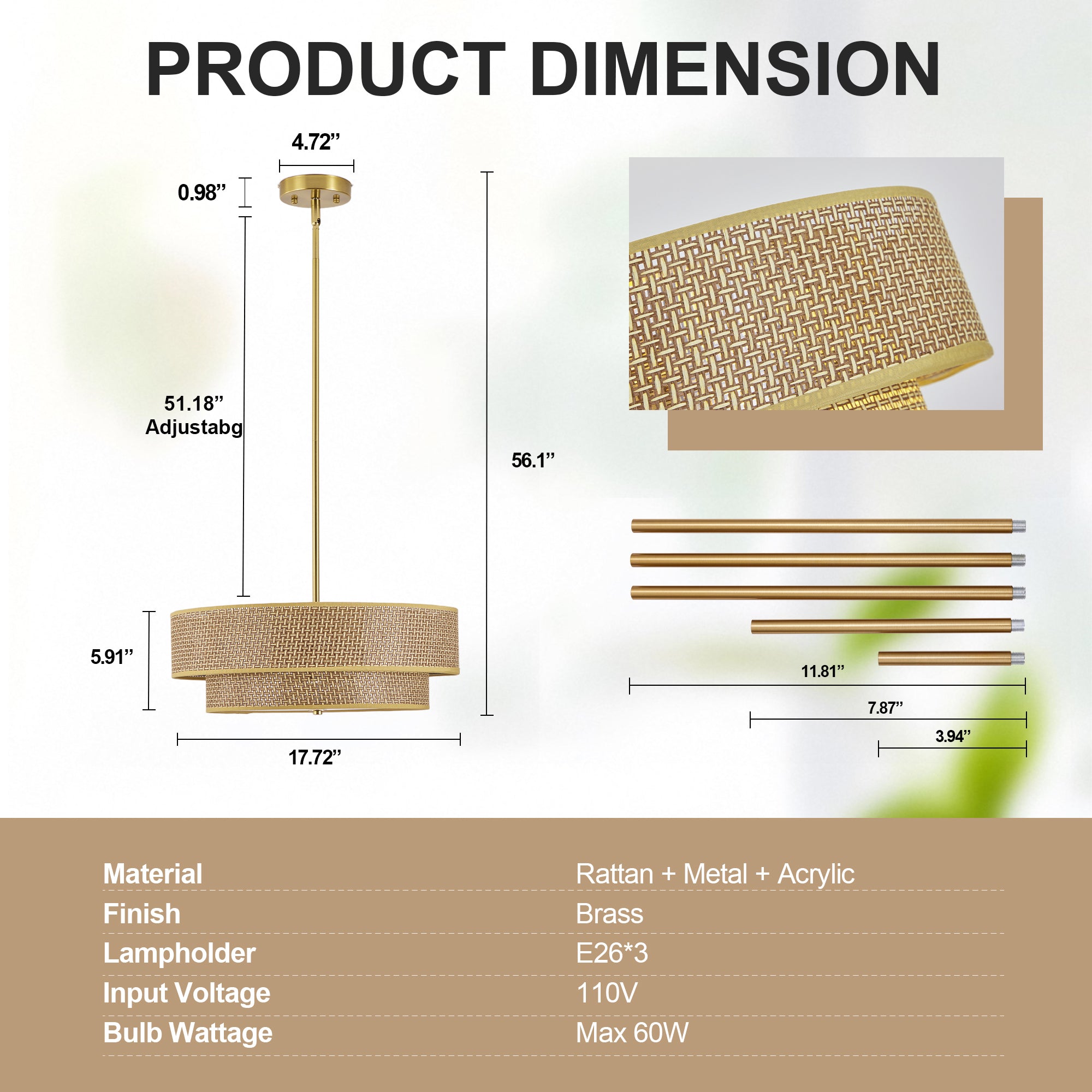 Semi Flush Mount Ceiling Light Woven Rattan Linen Boho Drum 17.7 In