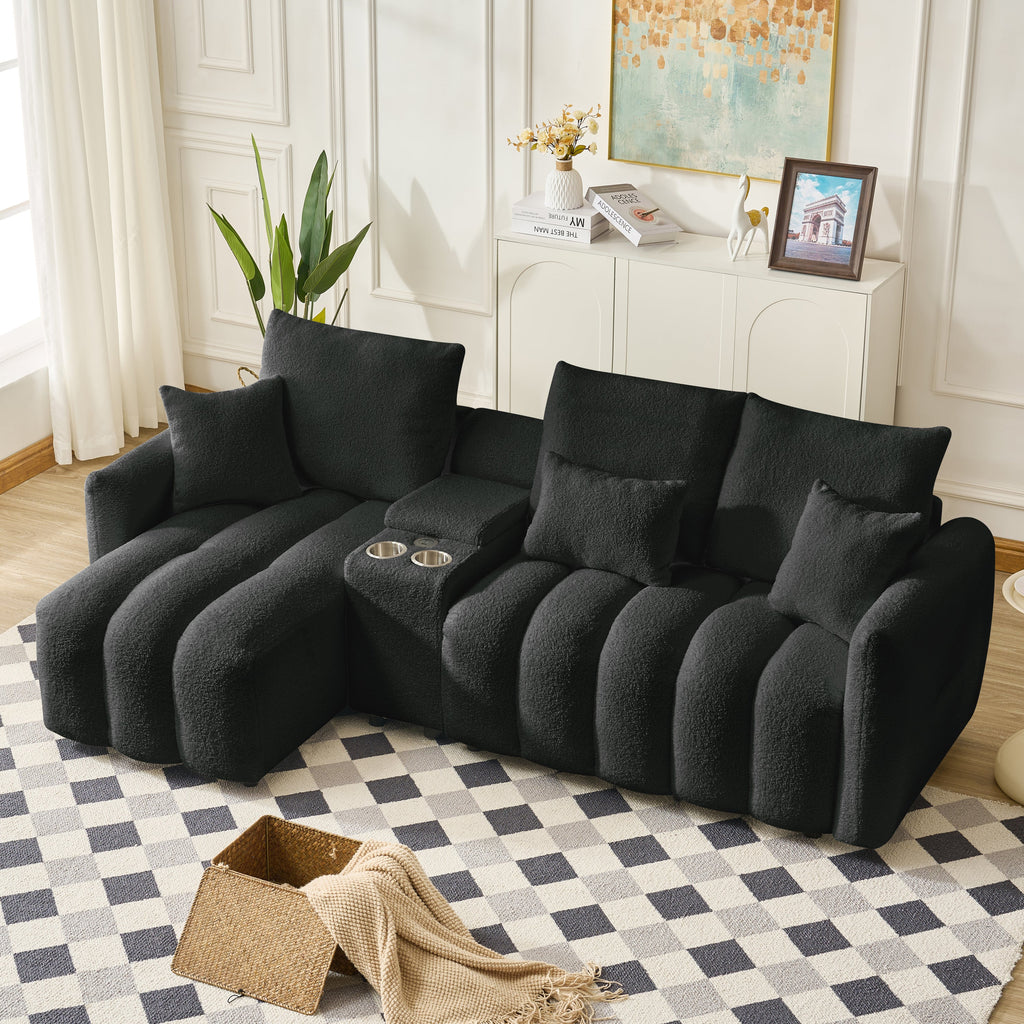 Sectional Sofa Cloud Teddy Fabric with Console USB Charger Cup Holders