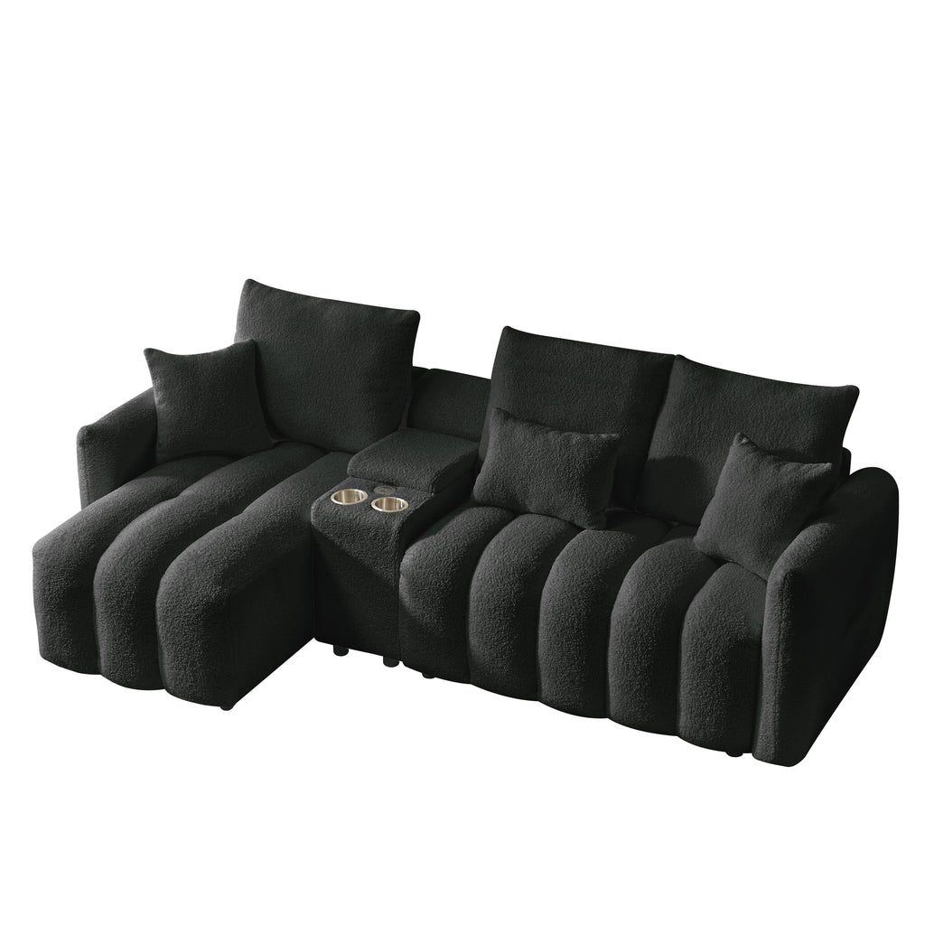 Sectional Sofa Cloud Teddy Fabric with Console USB Charger Cup Holders