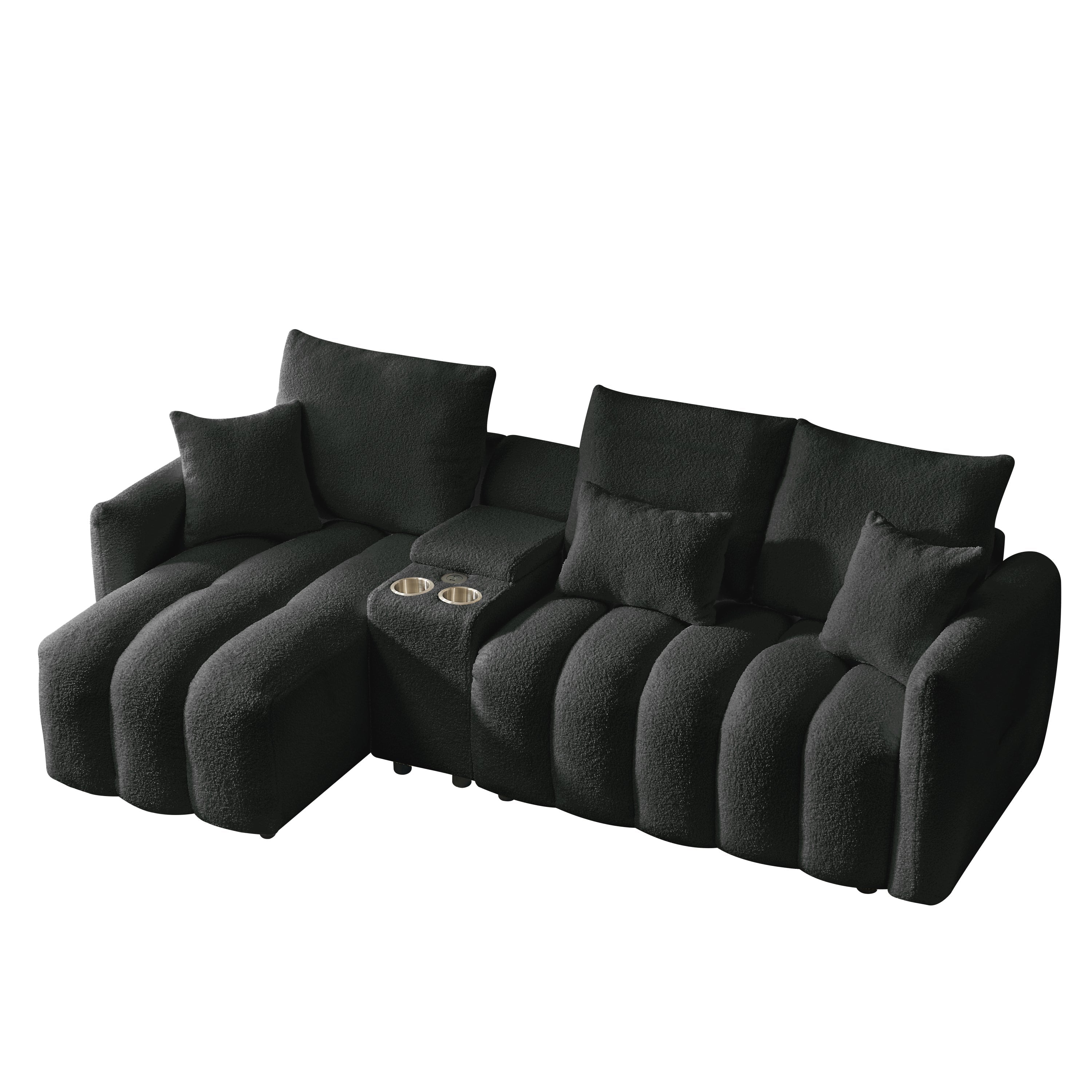 Sectional Sofa Cloud Teddy Fabric with Console USB Charger Cup Holders