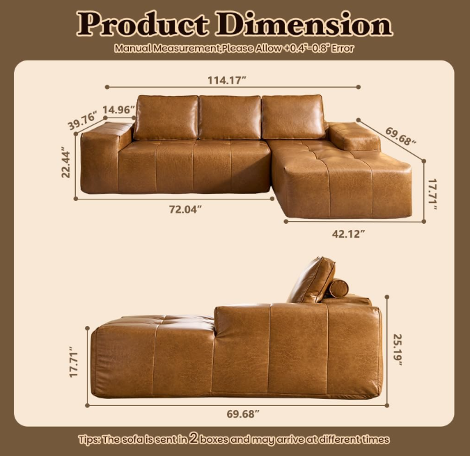 Sectional Sofa L-Shaped Modular Brown Faux Leather with Chaise