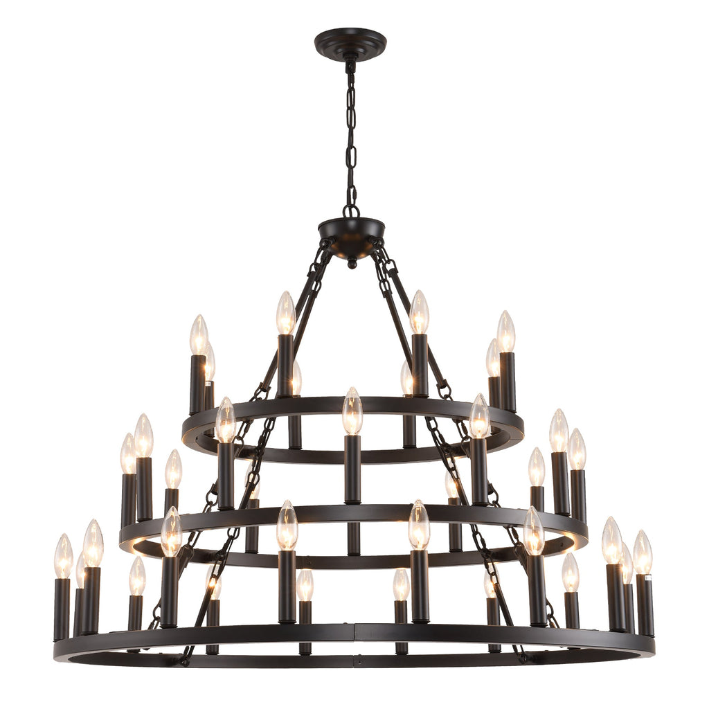 Chandelier Wagon Wheel 3-Tier 36-Light Black Metal 39.37 In Industrial