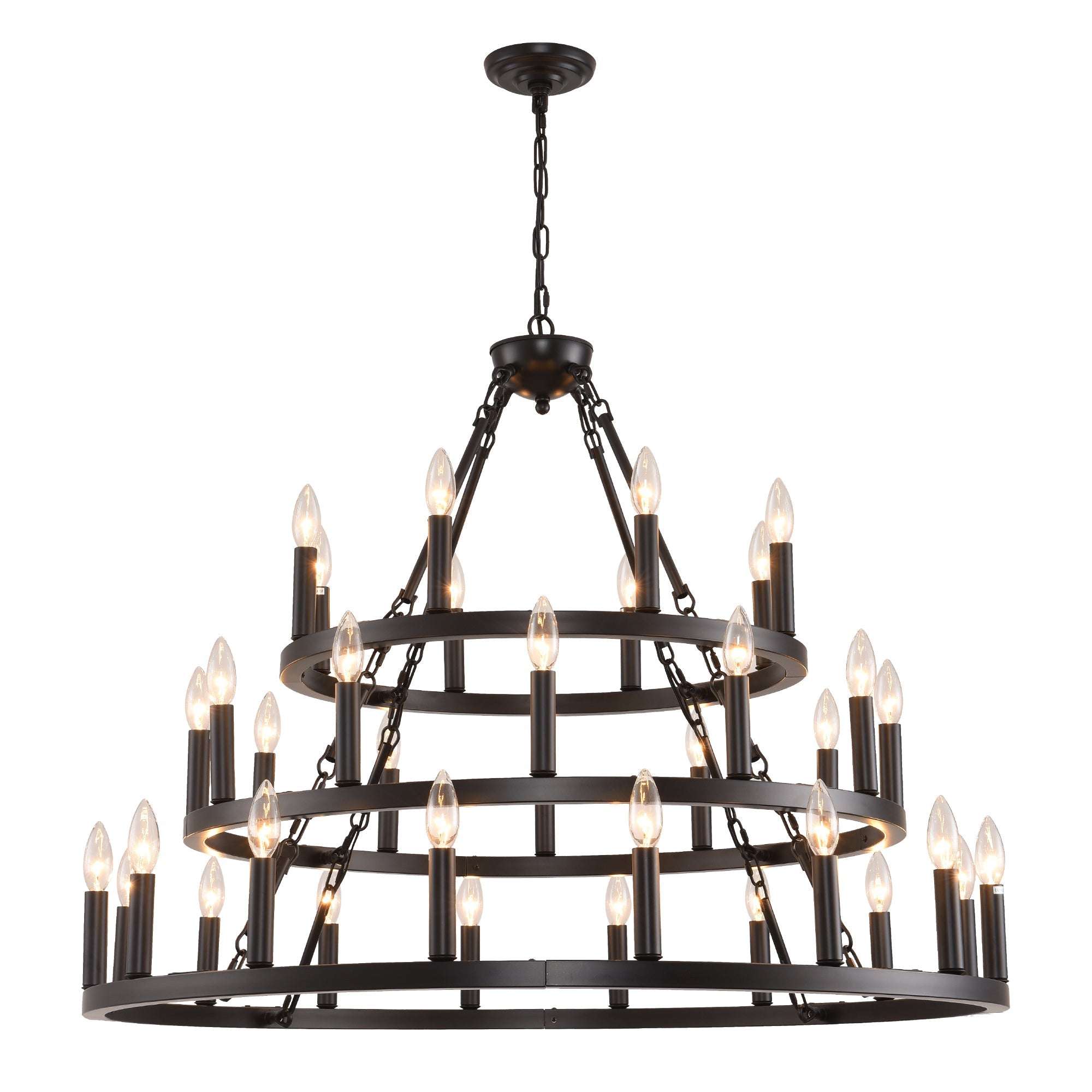 Chandelier Wagon Wheel 3-Tier 36-Light Black Metal 39.37 In Industrial