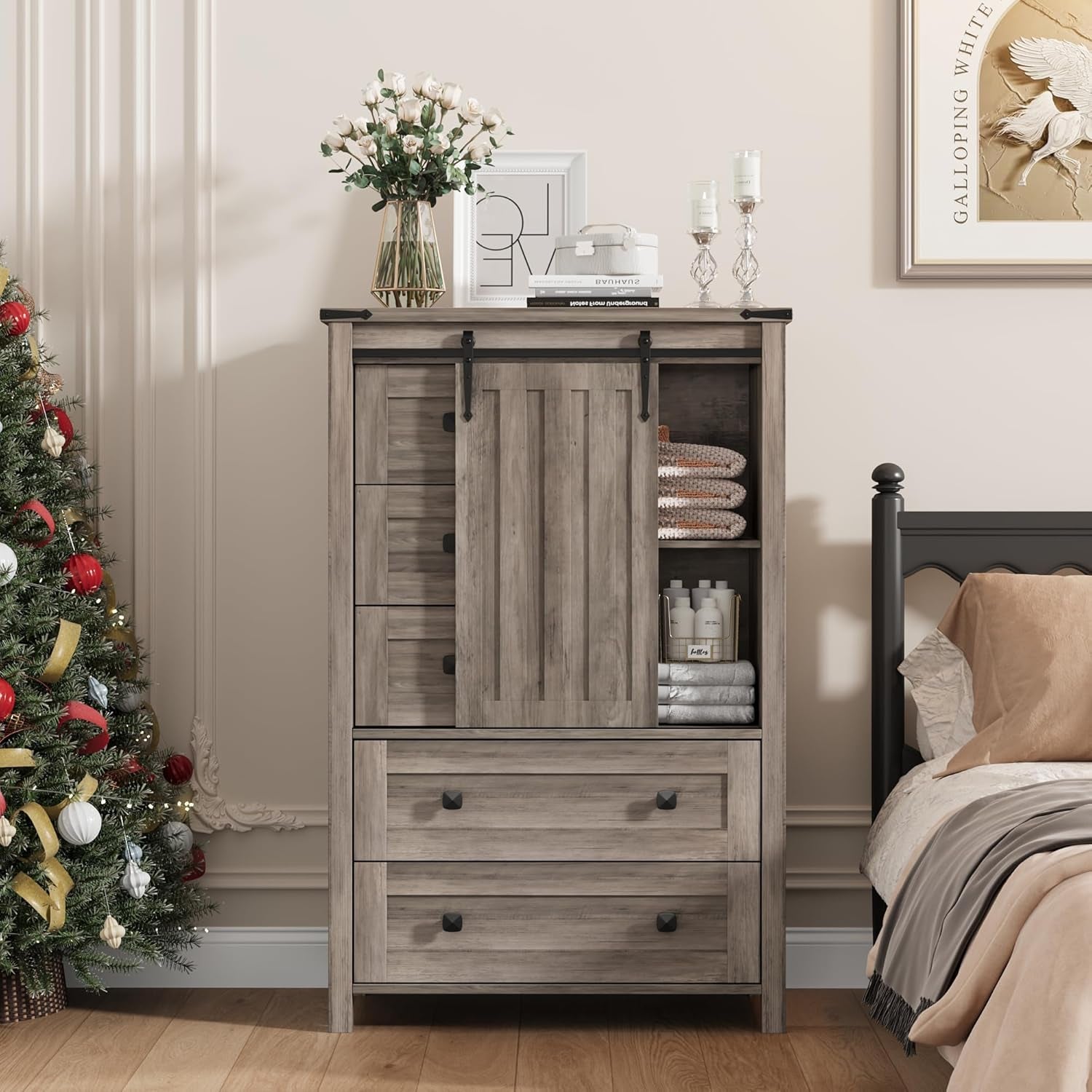 Grey Farmhouse Dresser 48 Inch Five Drawer Organizer With Barn Door