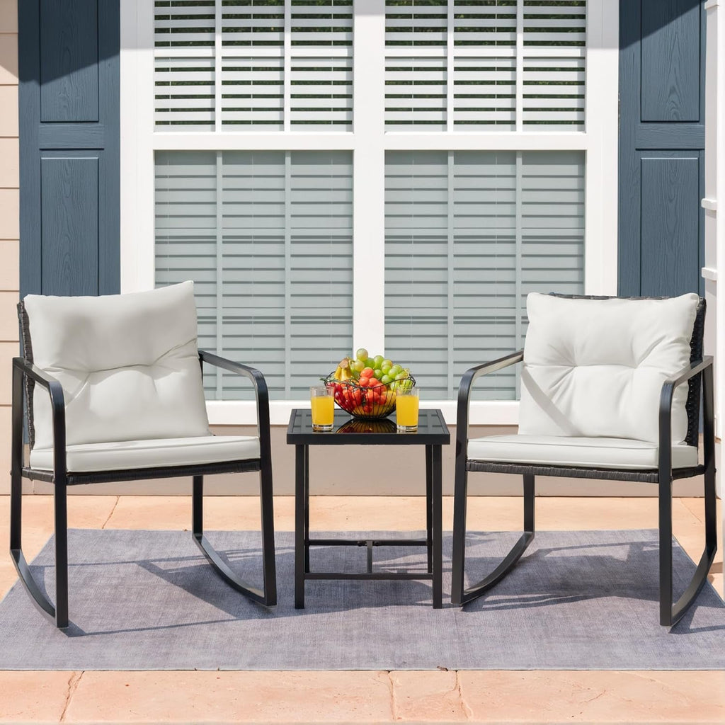 Patio Set 3 Piece White Wicker Rocking With Coffee Table