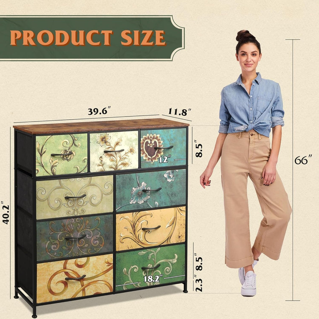 9 Drawer Dresser With Fabric Bins Floral Pattern Wood Top