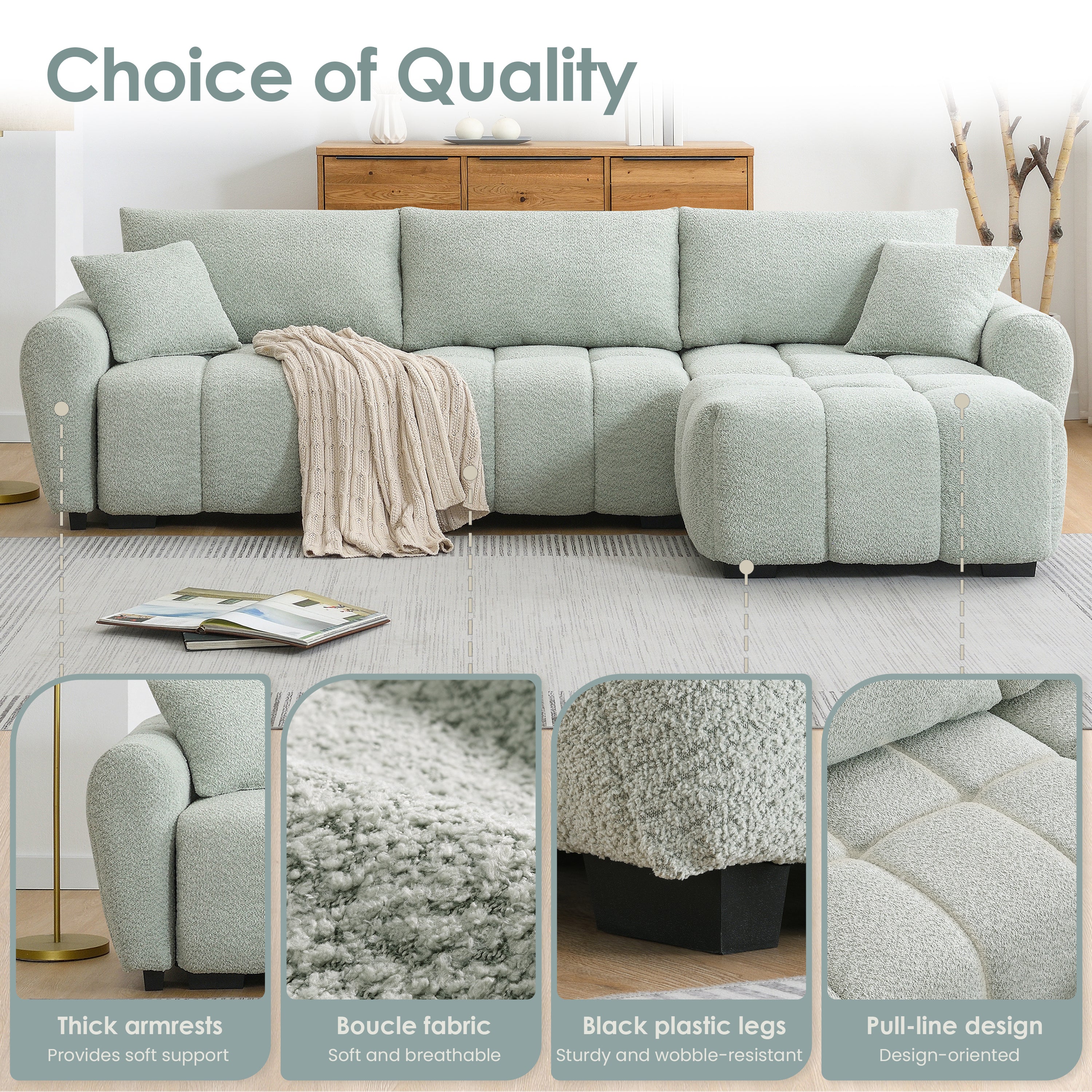 Sectional Sofa L-Shaped Boucle with Movable Ottoman Extra-Large Seat 3 Colors