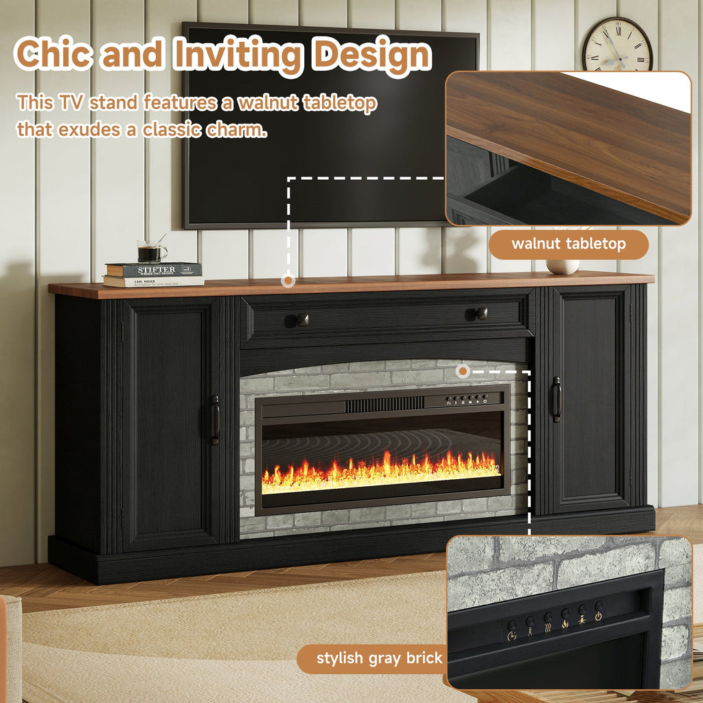 TV Stand Fireplace Black MDF Walnut Top Gray Brick 1400W Fits 70 In TV 66.9 In