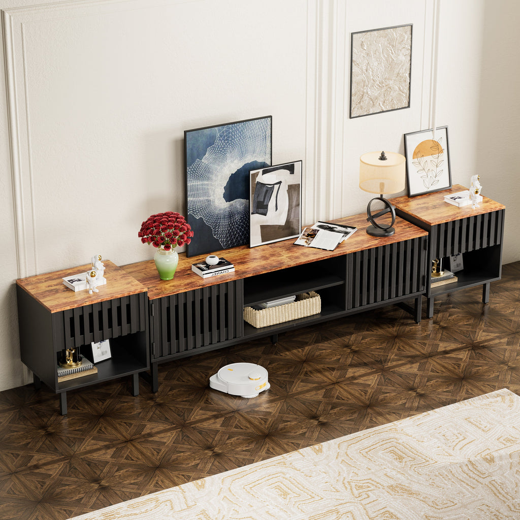 TV Stand Mid-Century Black MDF Slatted Grille Doors 4-Shelf Fits 60 In TV
