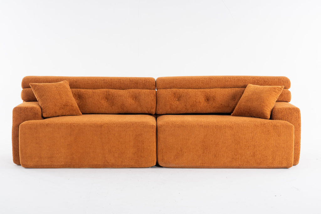 Reconfigurable 4-Seater Sectional Sofa with Wood Grain Chenille Fabric, Amber Orange Modular Sofa with 2 Pillows, High-Density Sponge Couch for Living Room & Apartment