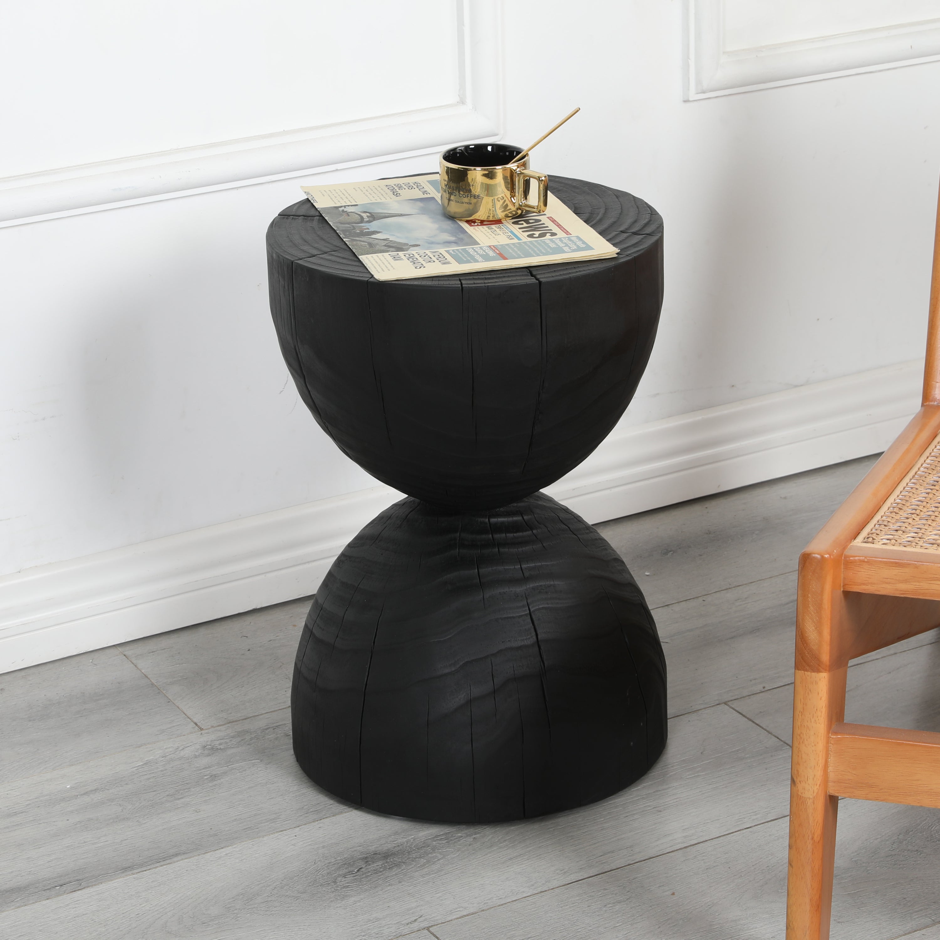 Solid Mango Wood Round Side Table, 12.2x18.11 in, Black, Burnt Vintage Look