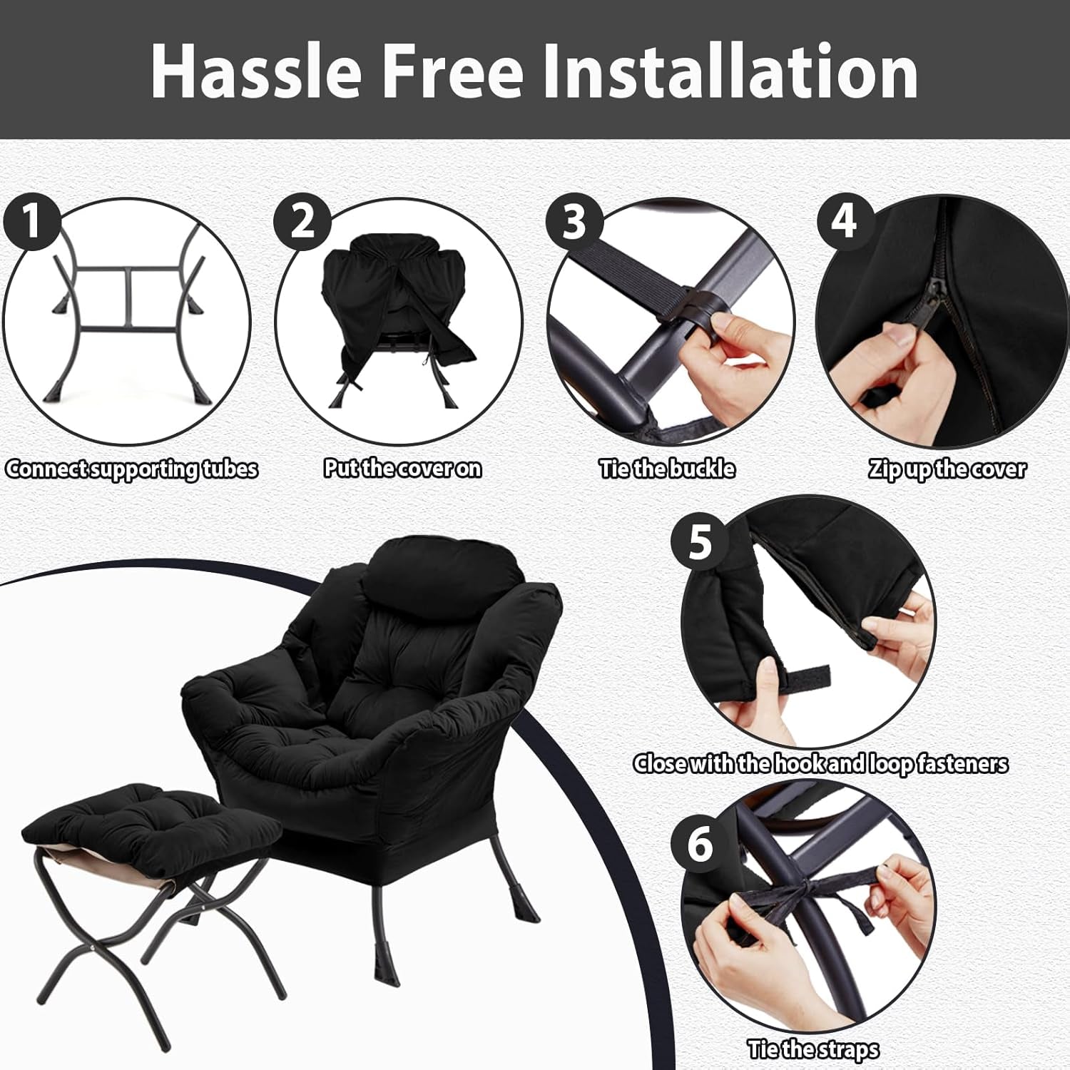 Black Velvet Folding Ottoman Lounge Chair With Footrest