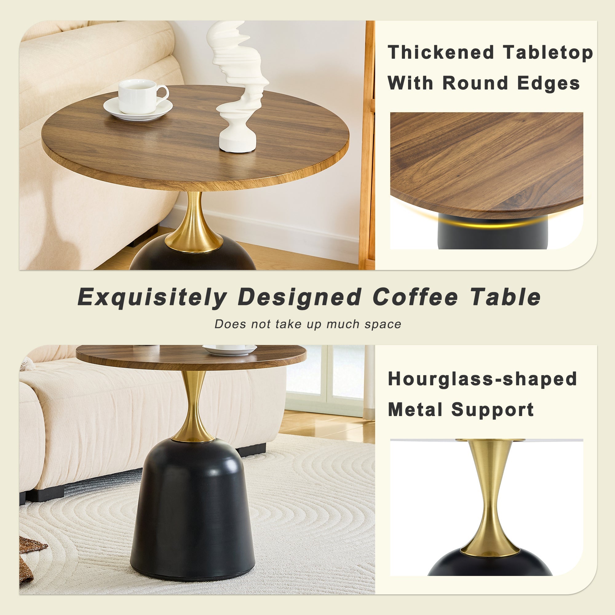 23.6 in Round Side Table, Metal Base, Walnut Wood Grain, Living Room Office