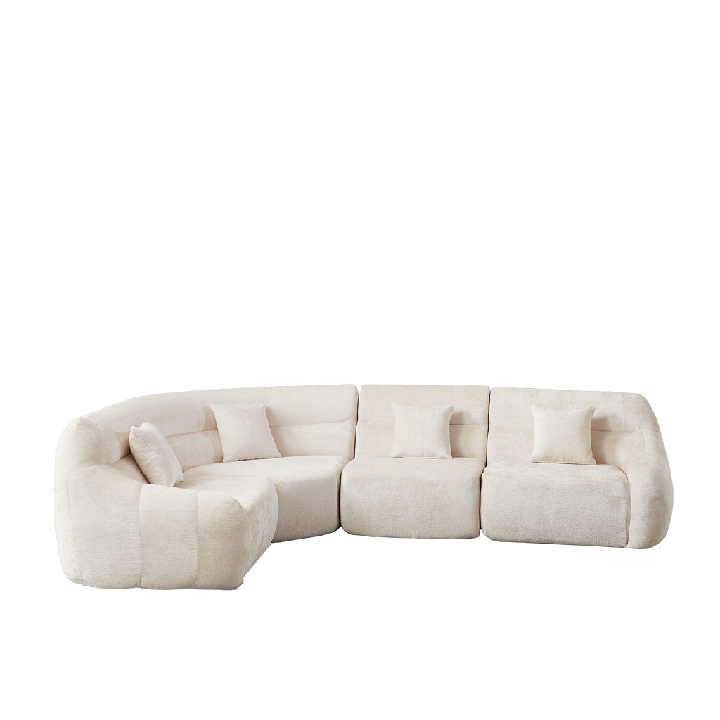 Sectional Sofa Curved Beige Chenille 123.2 Inch Four Pillows No Assembly