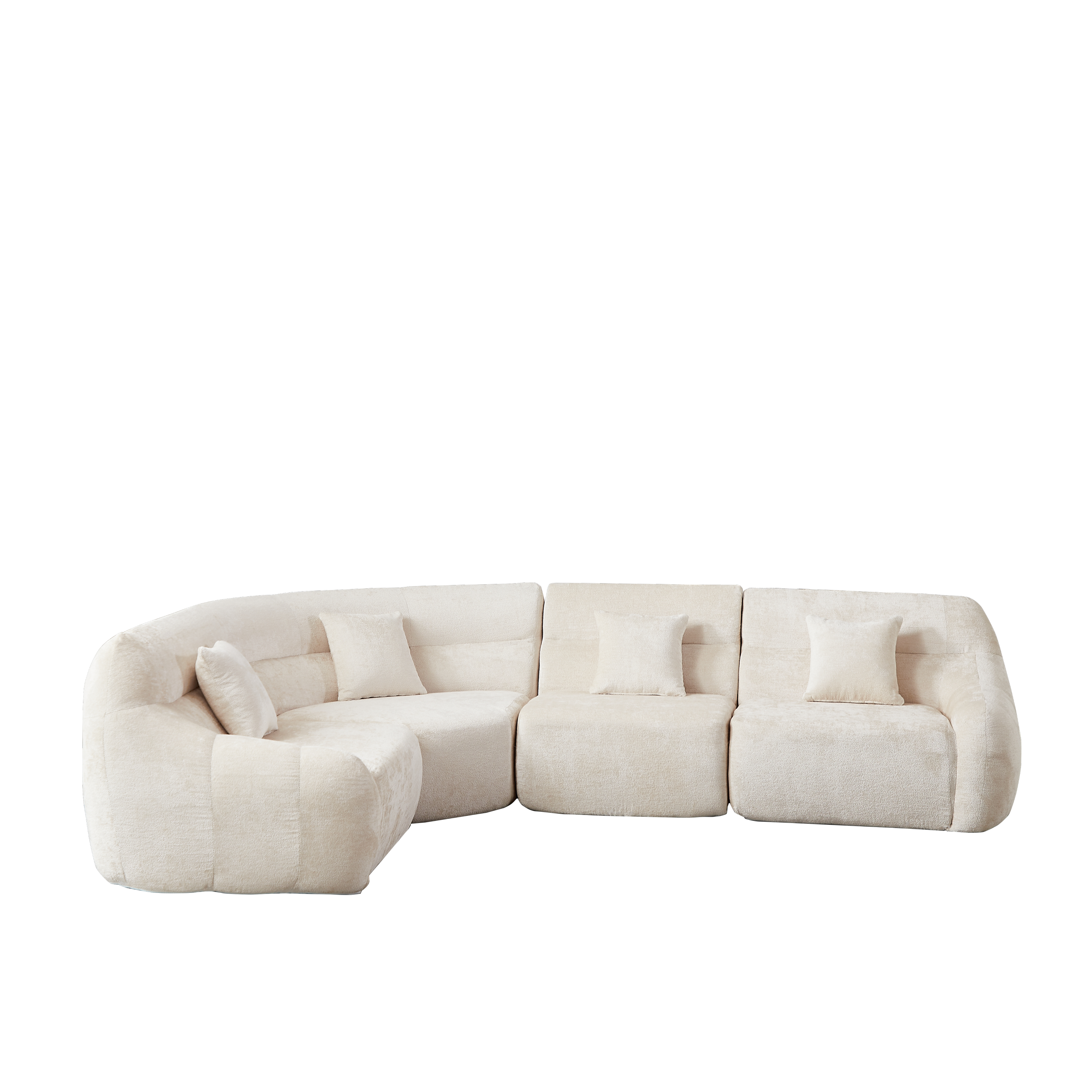 Sectional Sofa Curved Beige Chenille 123.2 Inch Four Pillows No Assembly