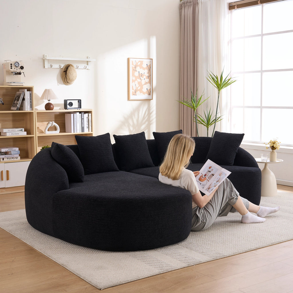 Sectional Sofa l Shaped with Curved Chaise Black Chenille Sleeper