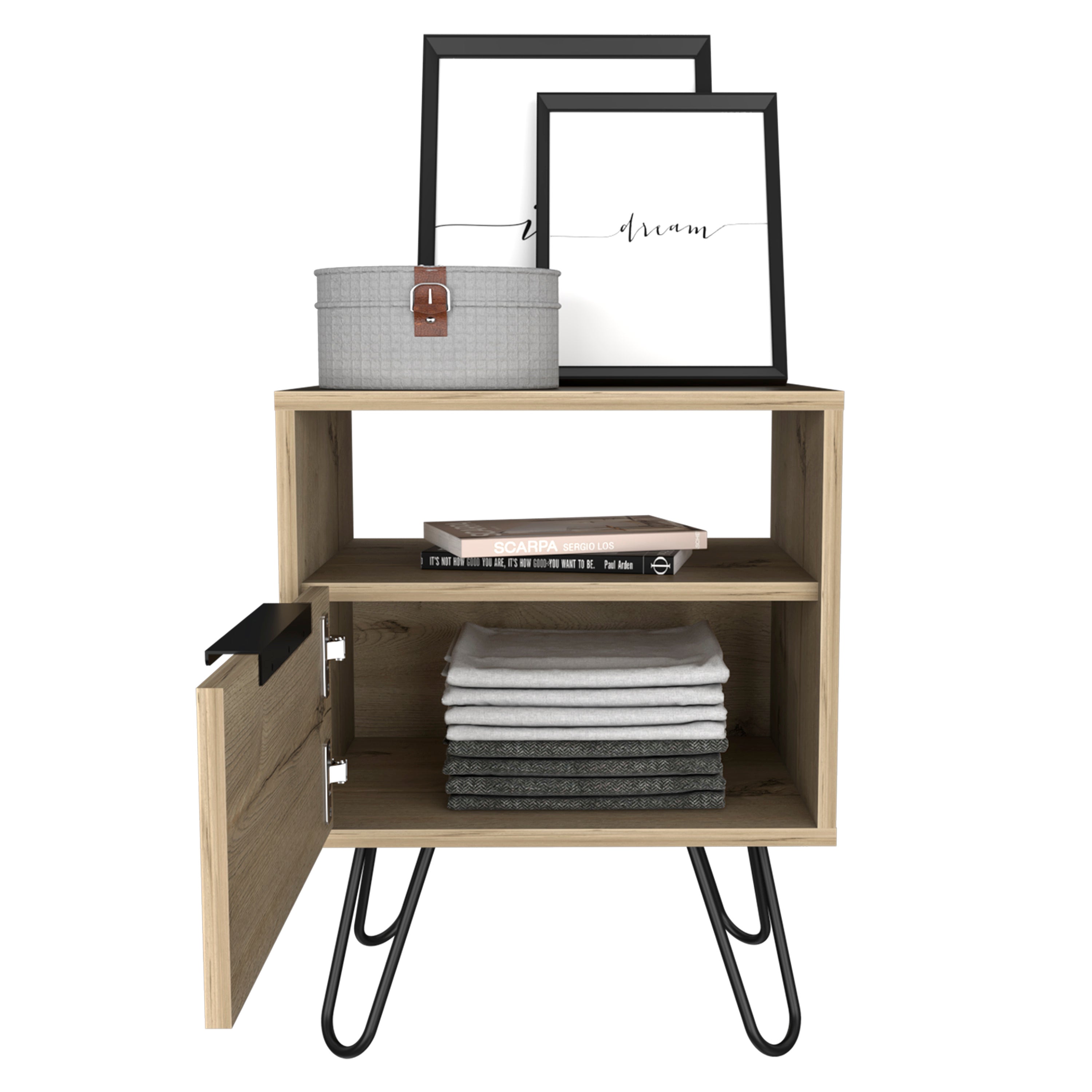 Set of 2 Modern Nightstands with Storage, Metal Legs, Light Oak