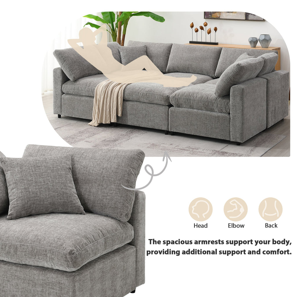 Sofa Modular U-Shape Chenille Gray 6 Seat Convertible Ottoman 130 In