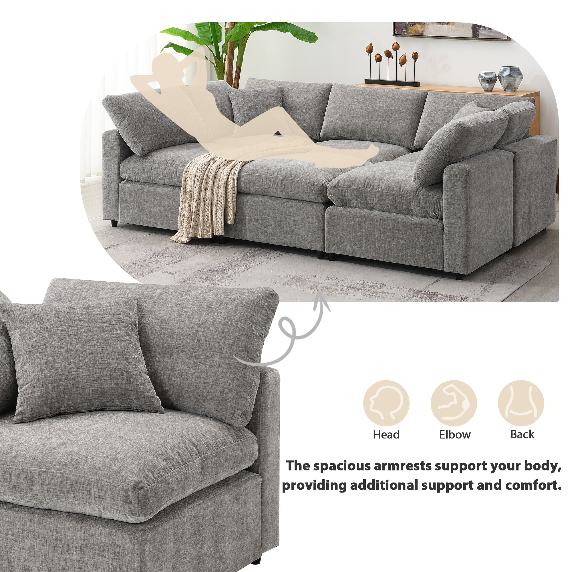 Sofa Modular U-Shape Chenille Gray 6 Seat Convertible Ottoman 130 In