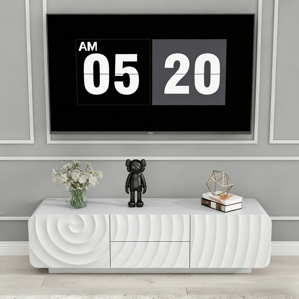 TV Stand Spiral Wave White MDF Floating Base Fits 60 In TV 58.3 In