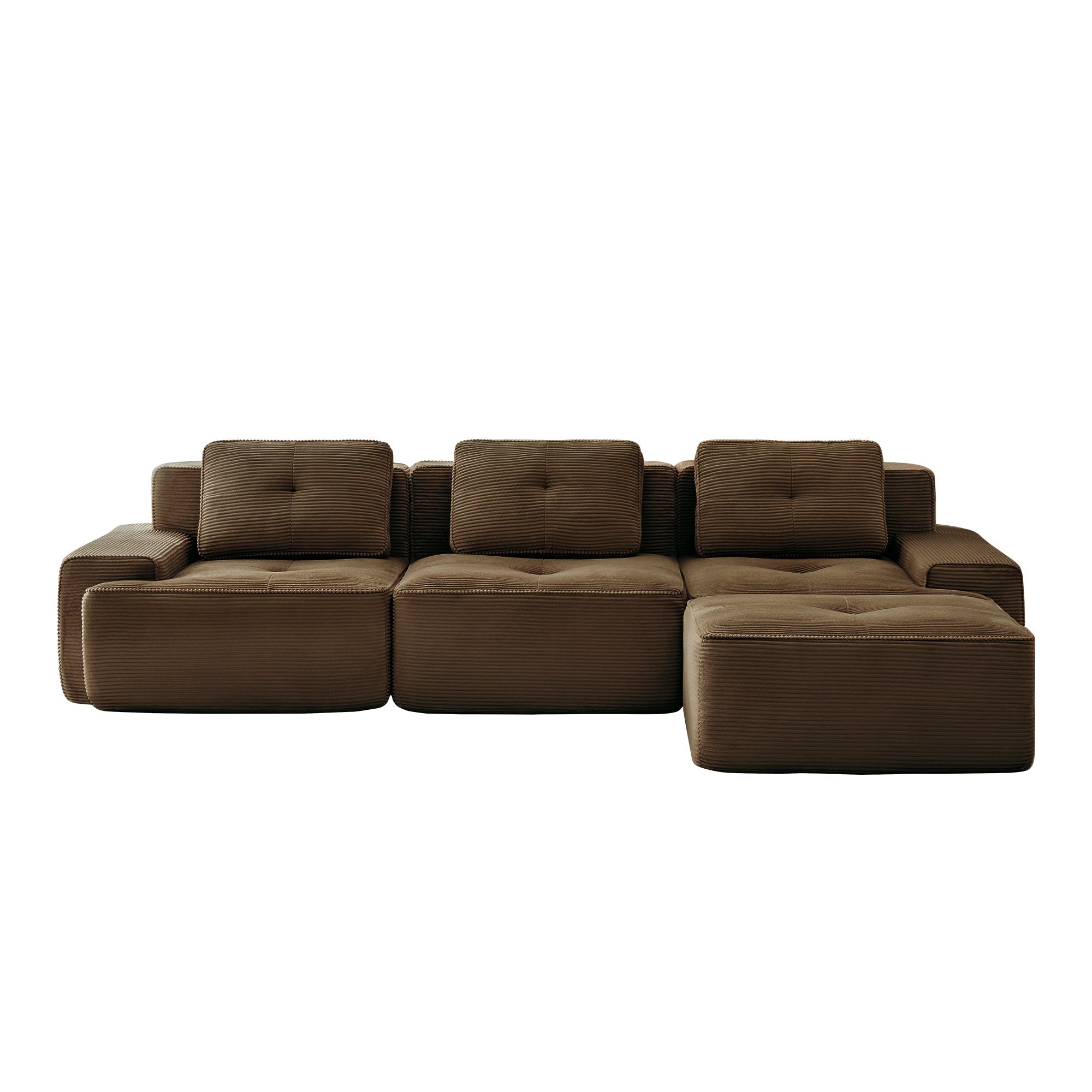 Sectional Sofa L-Shape Corduroy Brown 3 Seat Modular with Ottoman