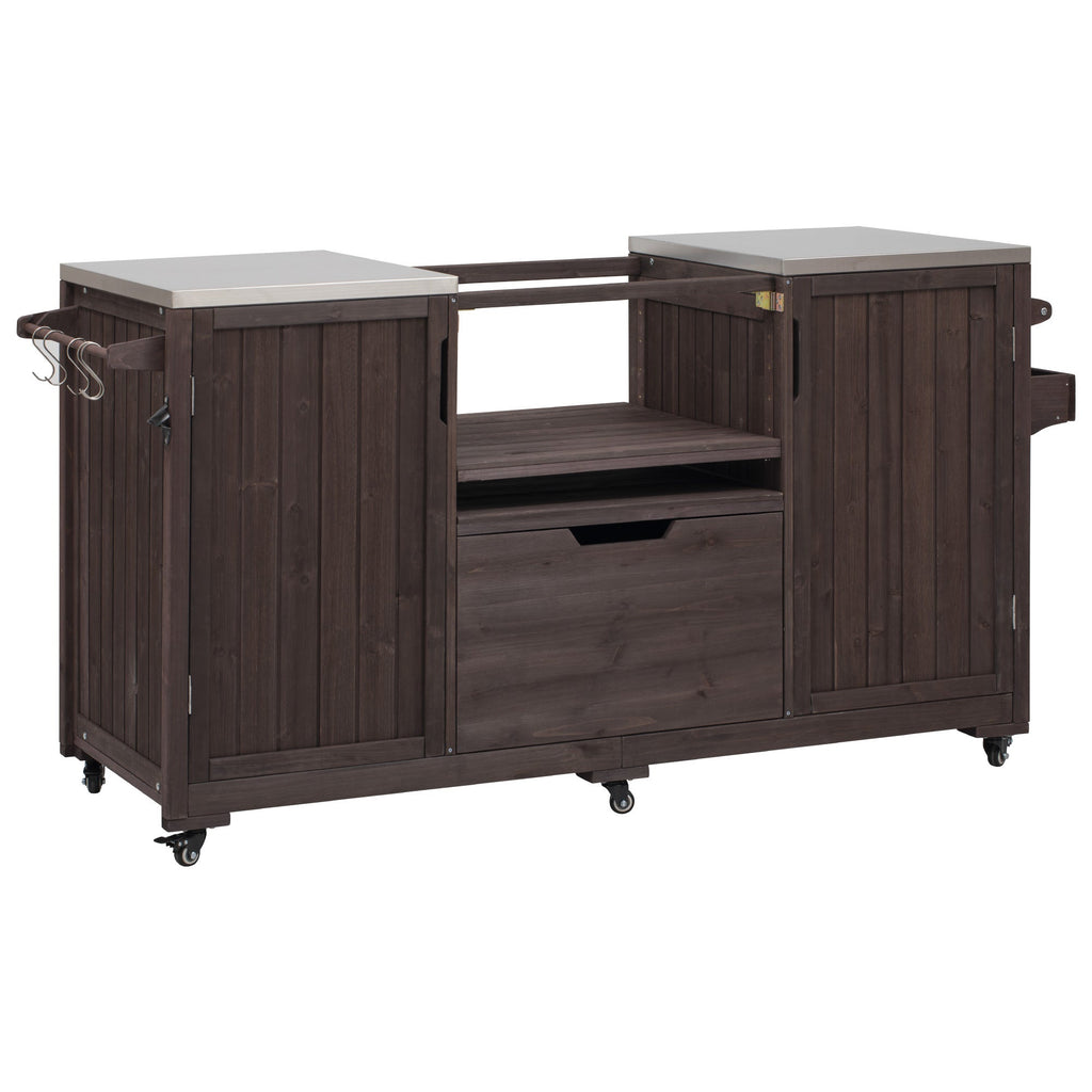 Outdoor Kitchen Island Grill Cart Fir Wood Stainless Steel Top 66.5x23x34 In