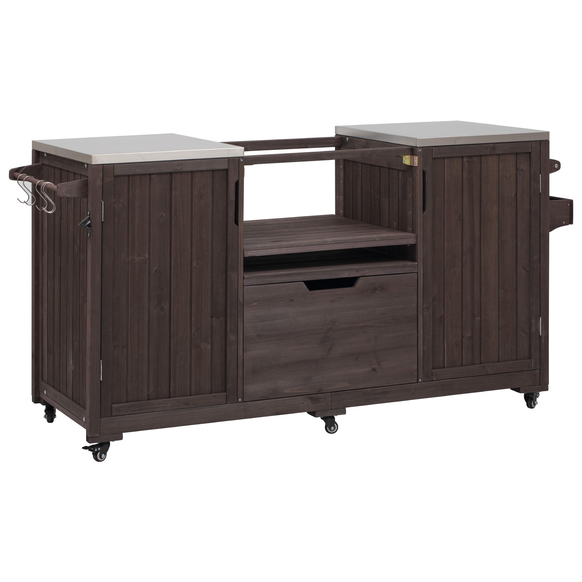 Outdoor Kitchen Island Grill Cart Fir Wood Stainless Steel Top 66.5x23x34 In