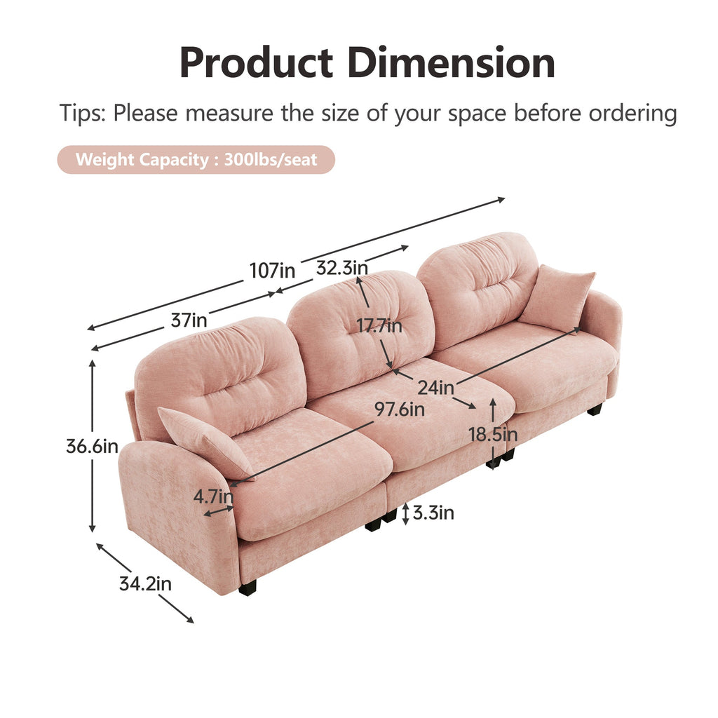 Sectional Sofa Modular Chenille Pink 3-Seat Tufted Pleated Cloud Style