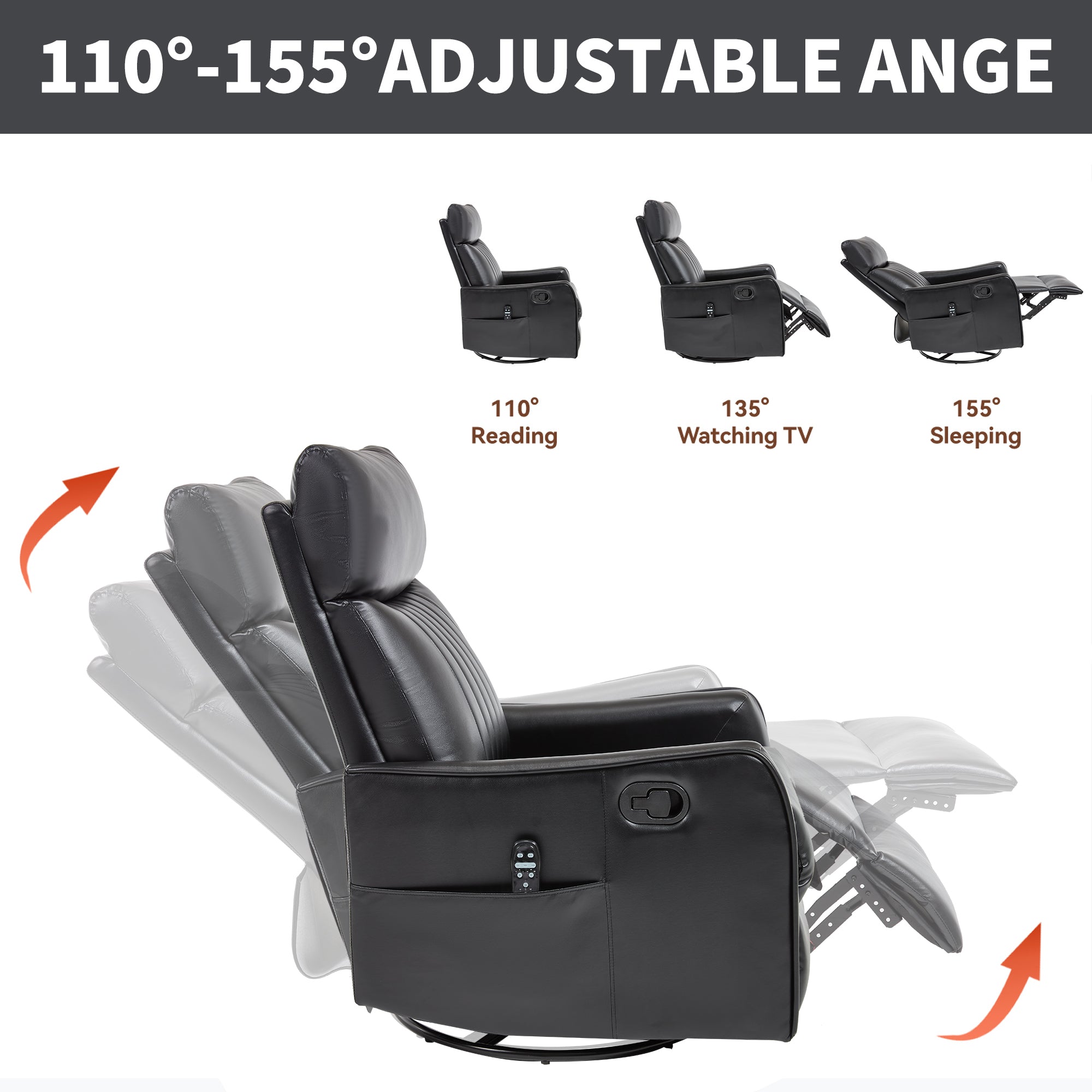 Black Faux Leather Massage Recliner Chair w/ Heat Rocker Swivel