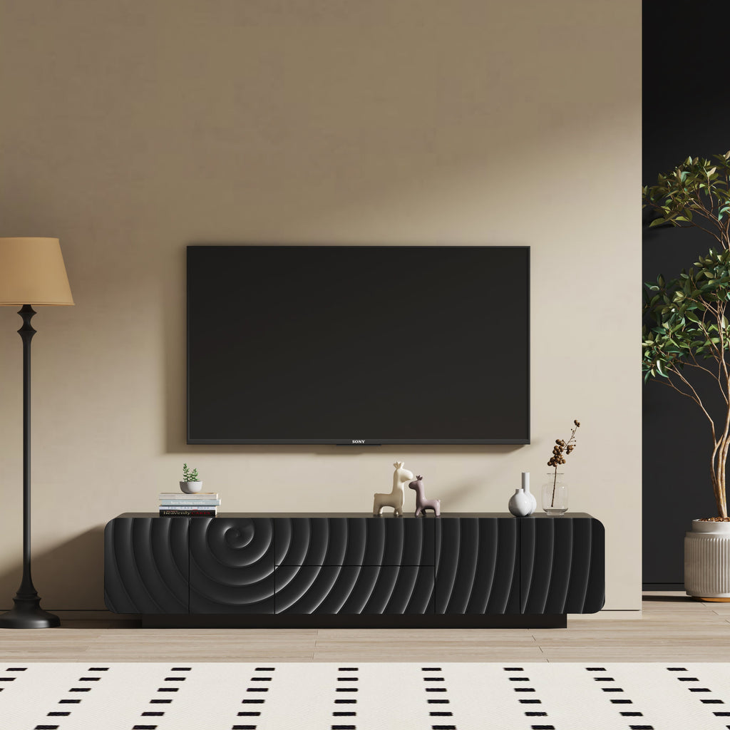 TV Stand Modern Spiral Wave Black MDF Floating Base Fits 85 In TV 70.9 In