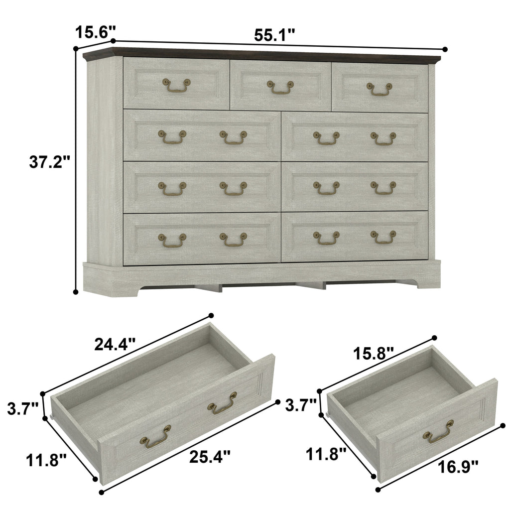 Dresser Farmhouse 9-Drawer Antique Gray MDF Brass Handles 55.1x37.2 In