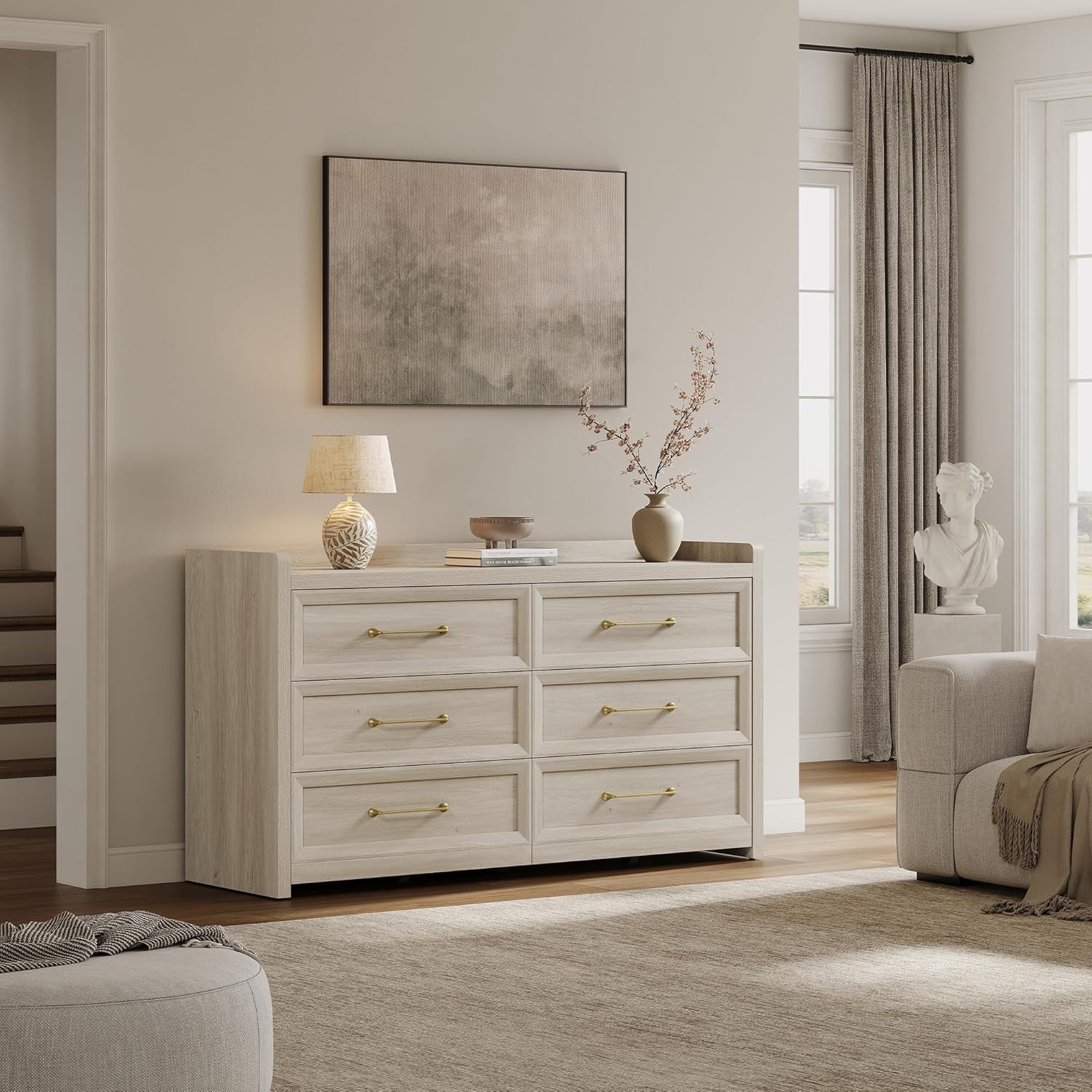 56InchExtraWideGreyOakDresser With LargeStorage Drawers