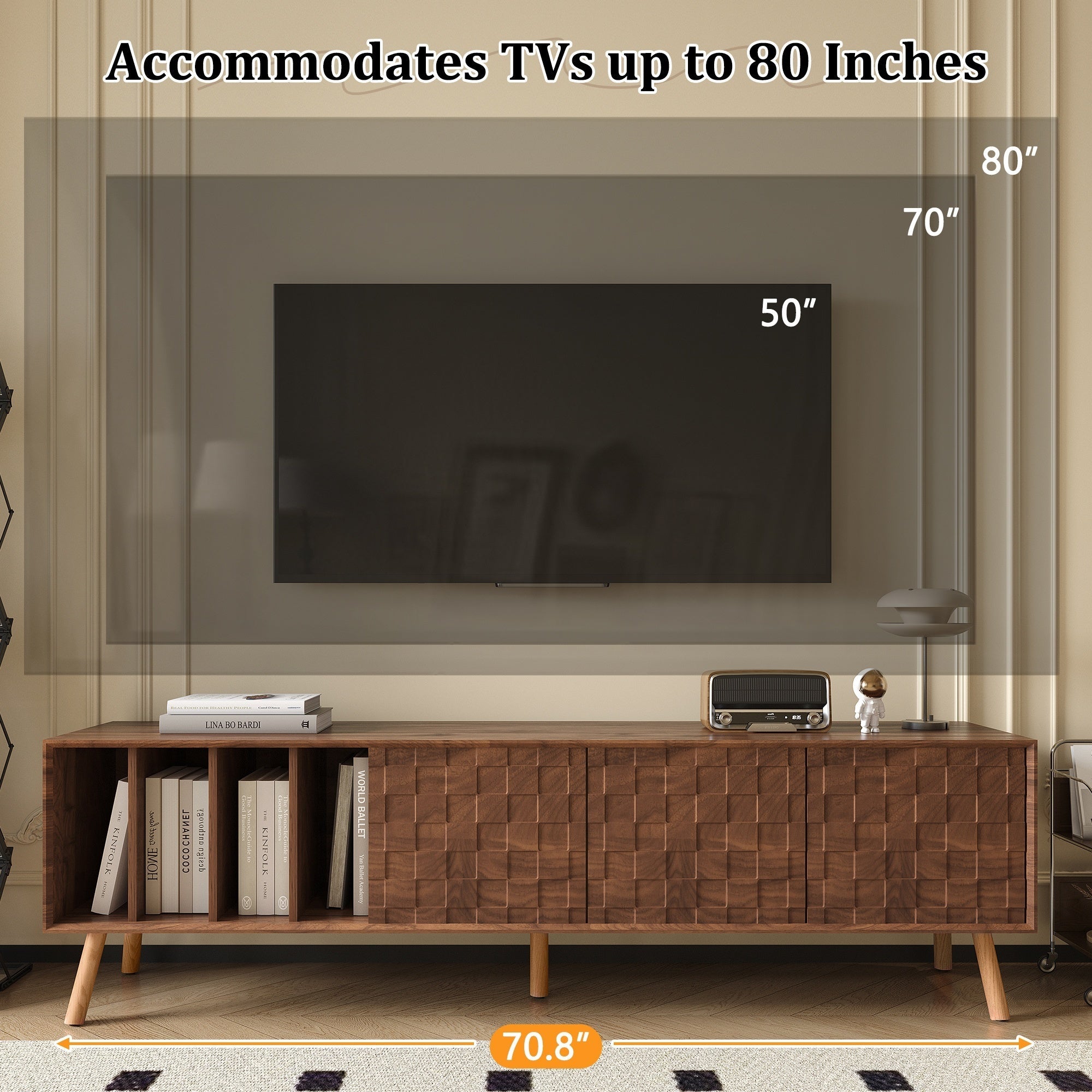 TV Stand Mid-Century Walnut Solid Wood MDF Push-Pop Doors Fits 80 In TV