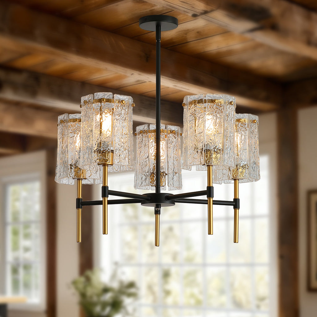 Chandelier 5-Light Black Gold Farmhouse Textured Glass Pendant Modern