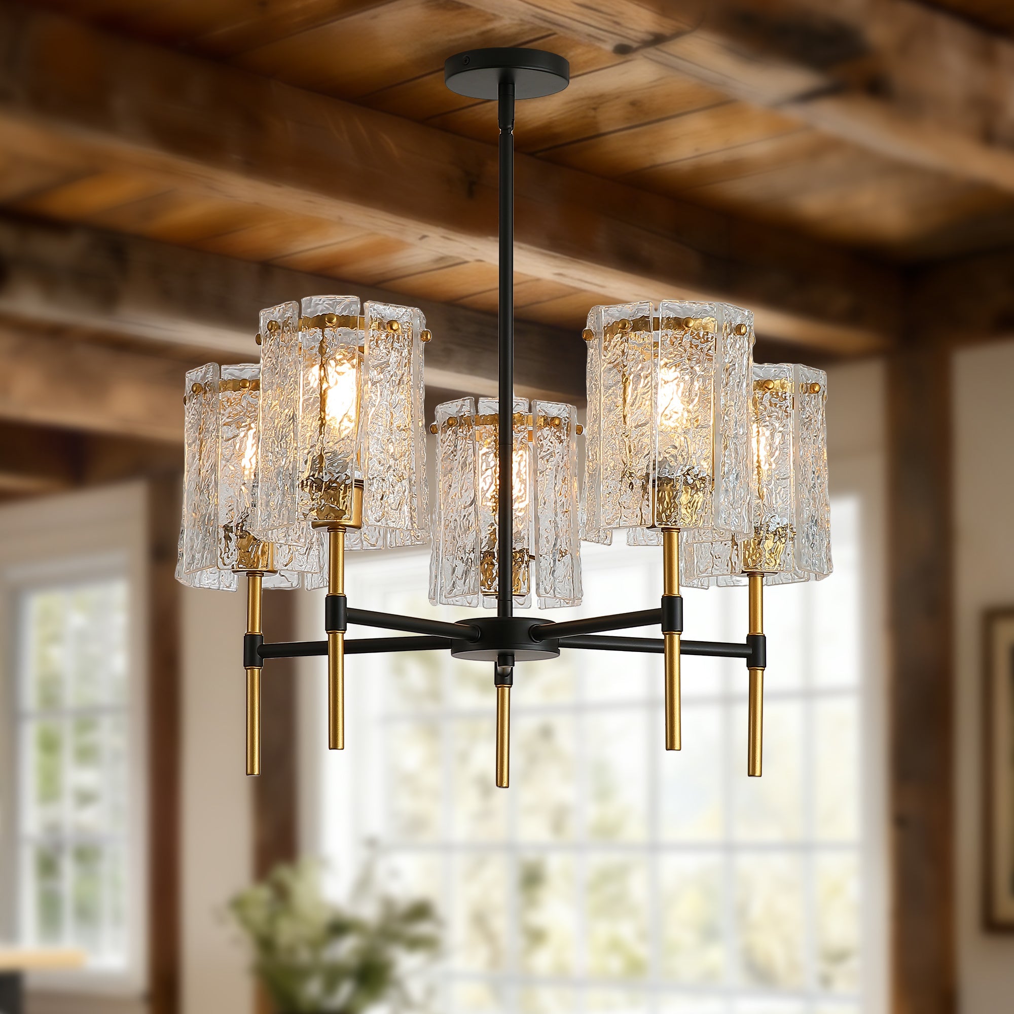 Chandelier 5-Light Black Gold Farmhouse Textured Glass Pendant Modern