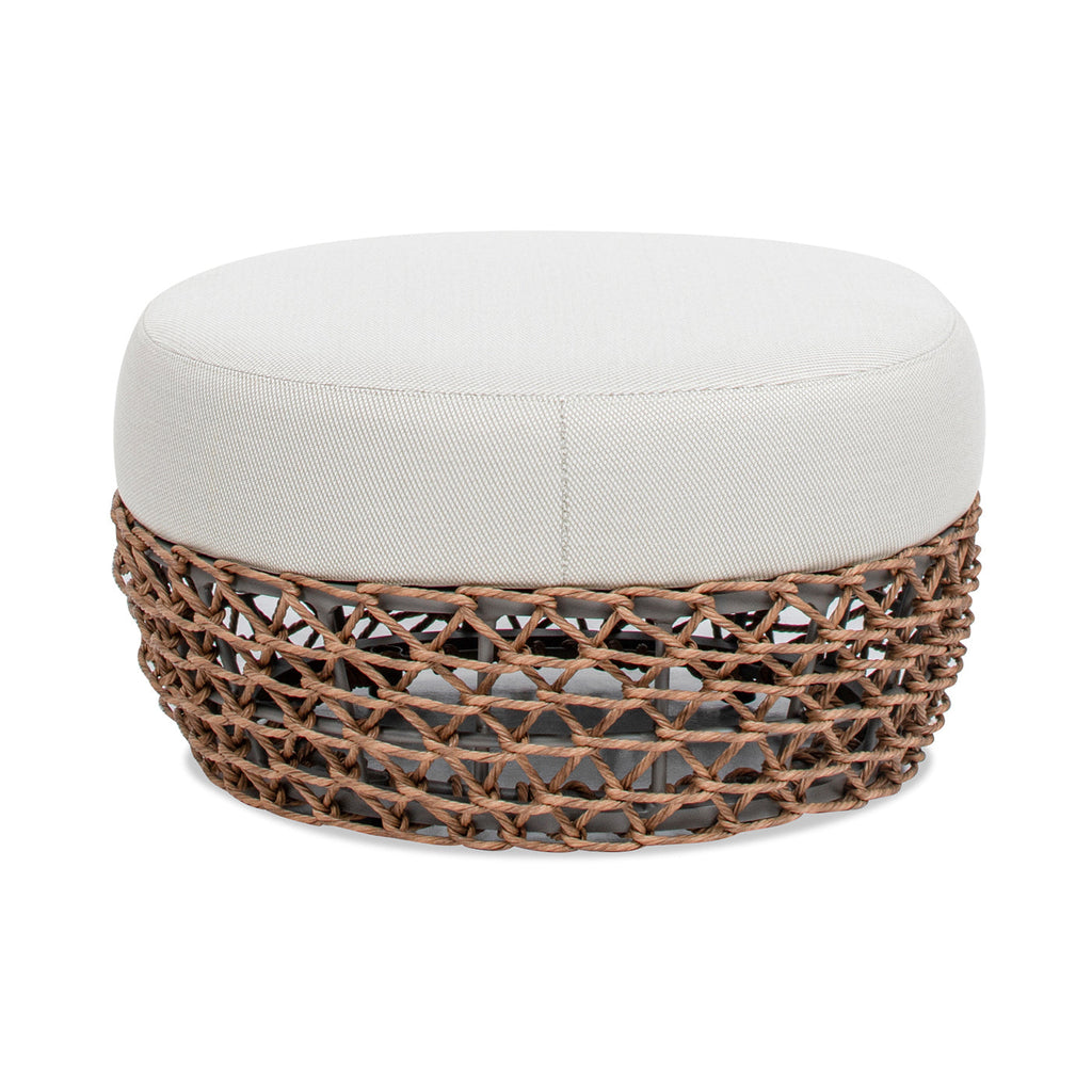 Outdoor Round Ottoman - Wheat Beige Cushion, Golden Brown Wicker Frame, 25in