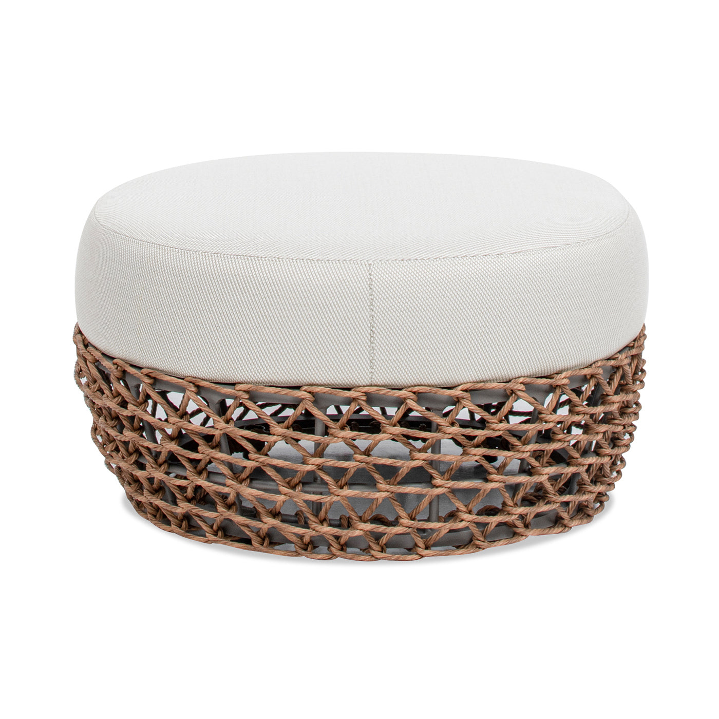 Outdoor Round Ottoman - Wheat Beige Cushion, Golden Brown Wicker Frame, 25in