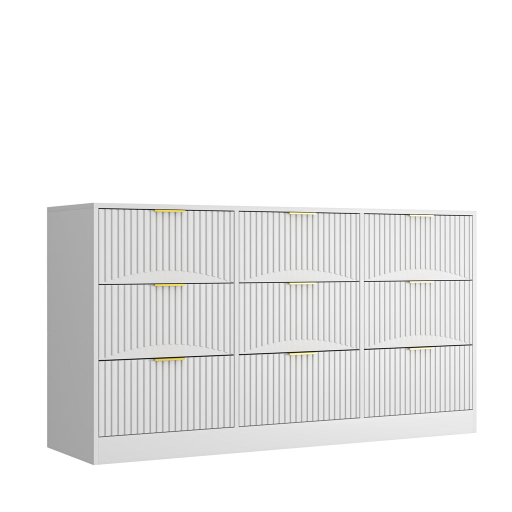 Dresser Classic 9-Drawer White Particle Board Gold Handles 63x15.74 In