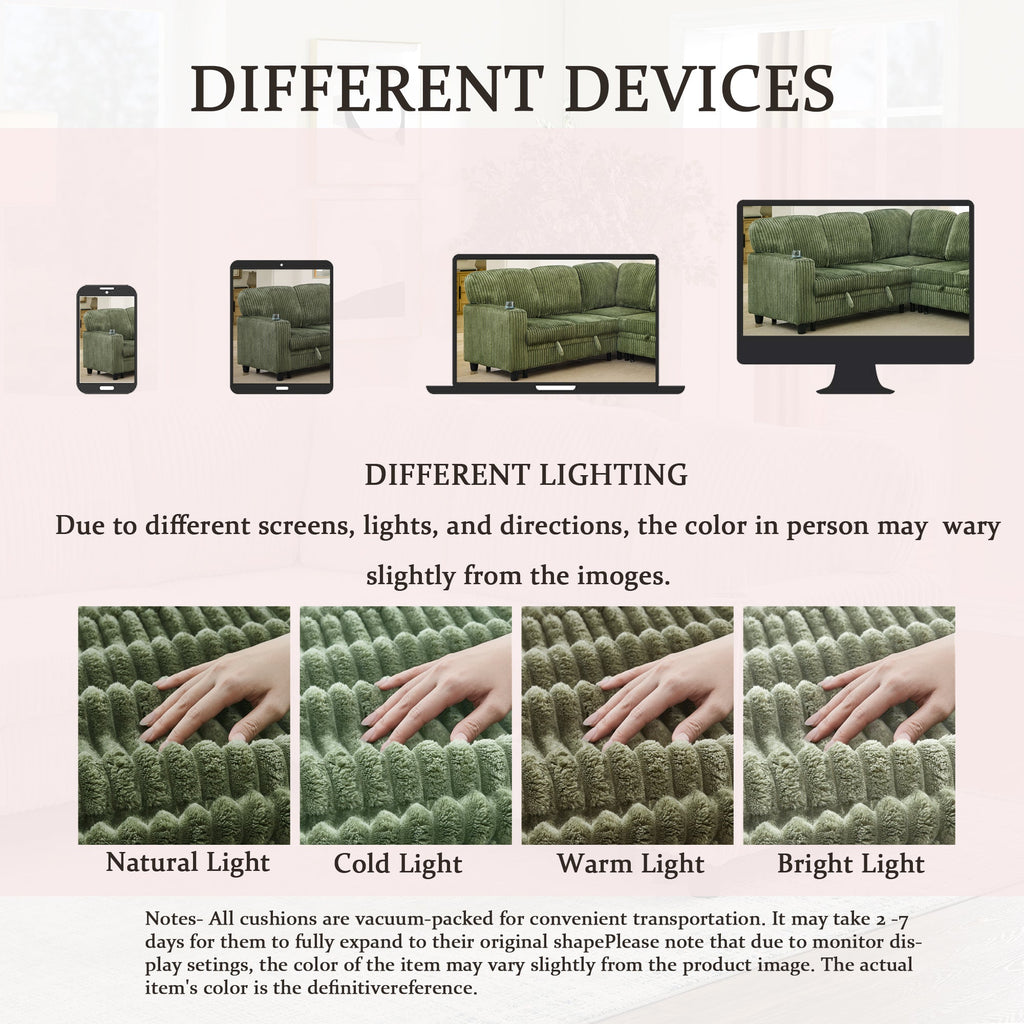 Sofa Bed L-Shape Corduroy Olive Green 5 Seat Pull-Out USB Ports 81 In