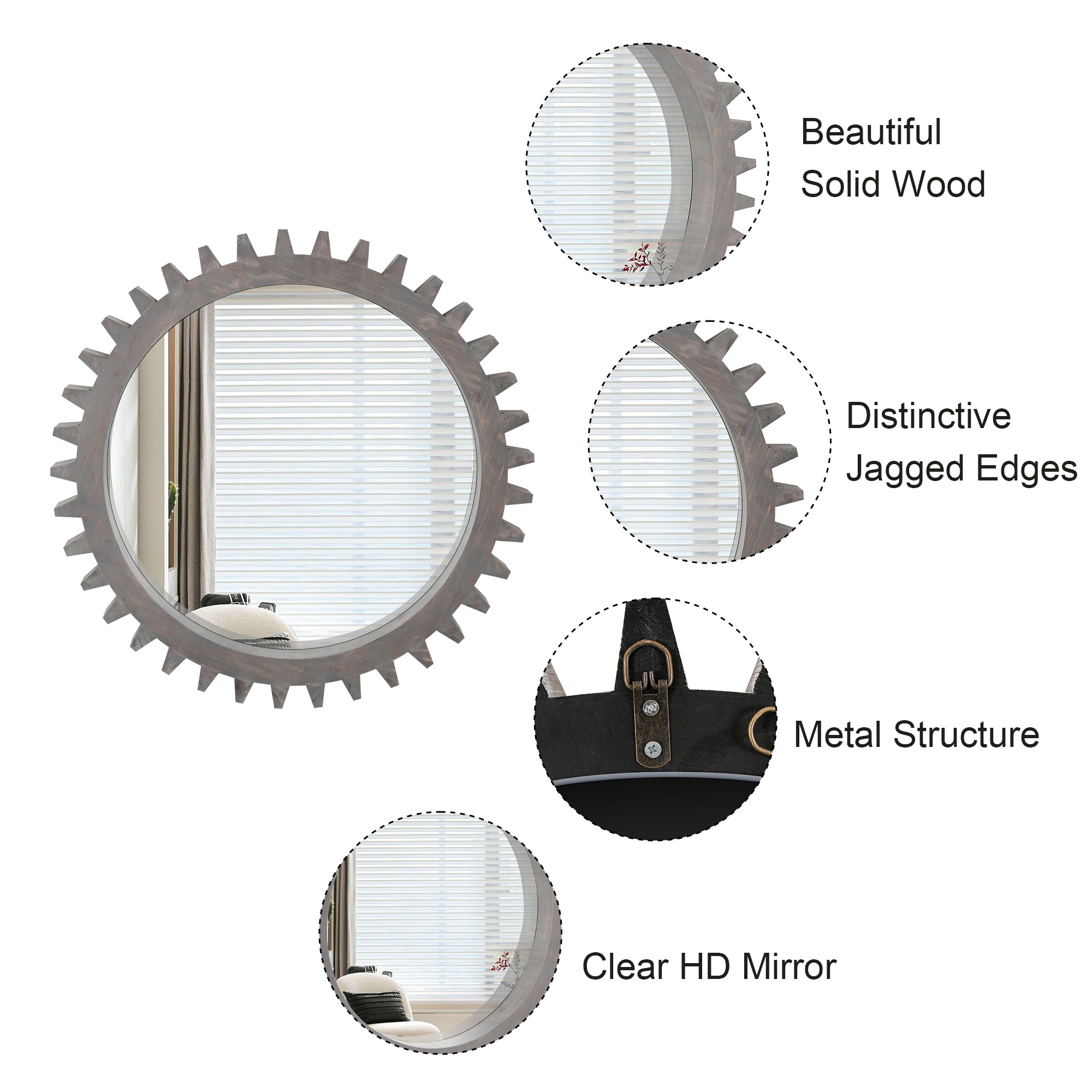 Wall Mirror Round Gear Shape Antique Dark Brown Wood 17x17 Inch Living Room