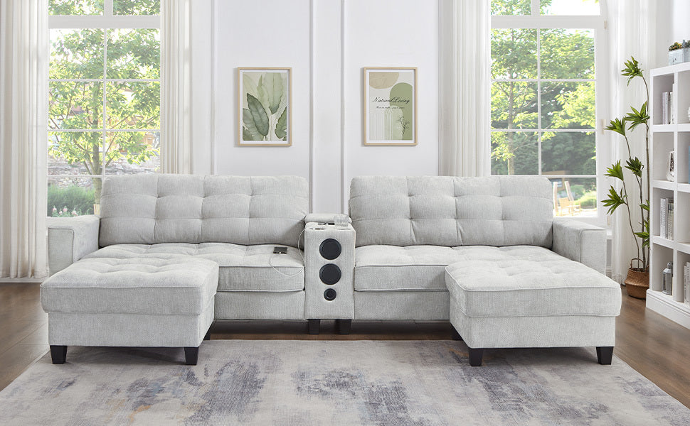 Sectional Sofa U-Shape Chenille Light Gray 6 Seat Bluetooth 126 In