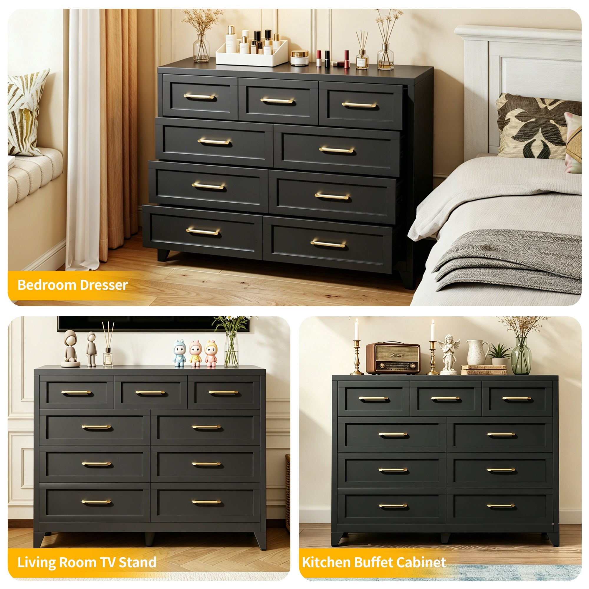 Dresser Tall 9-Drawer Black Steel Smooth-Glide 47.3x15.8x39 In