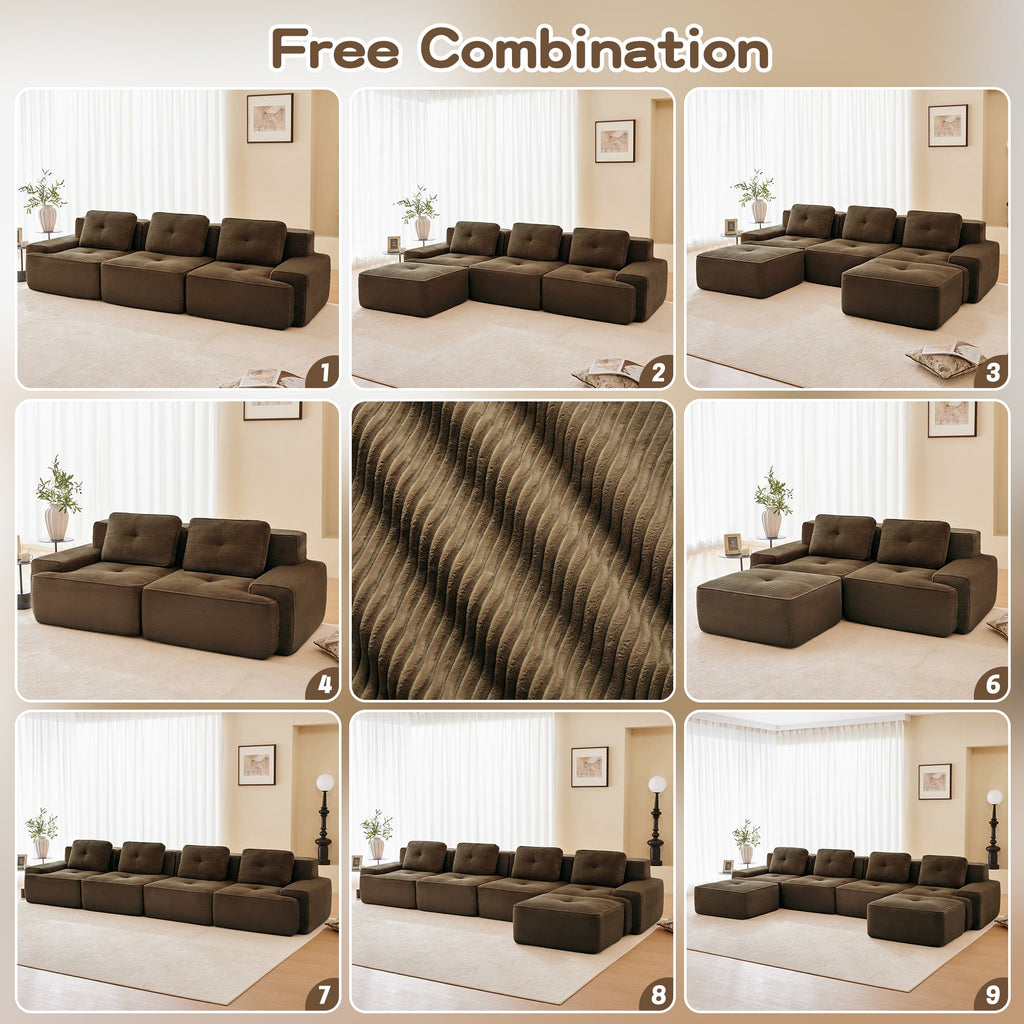 Sectional Sofa L-Shape Corduroy Brown 3 Seat Modular with Ottoman